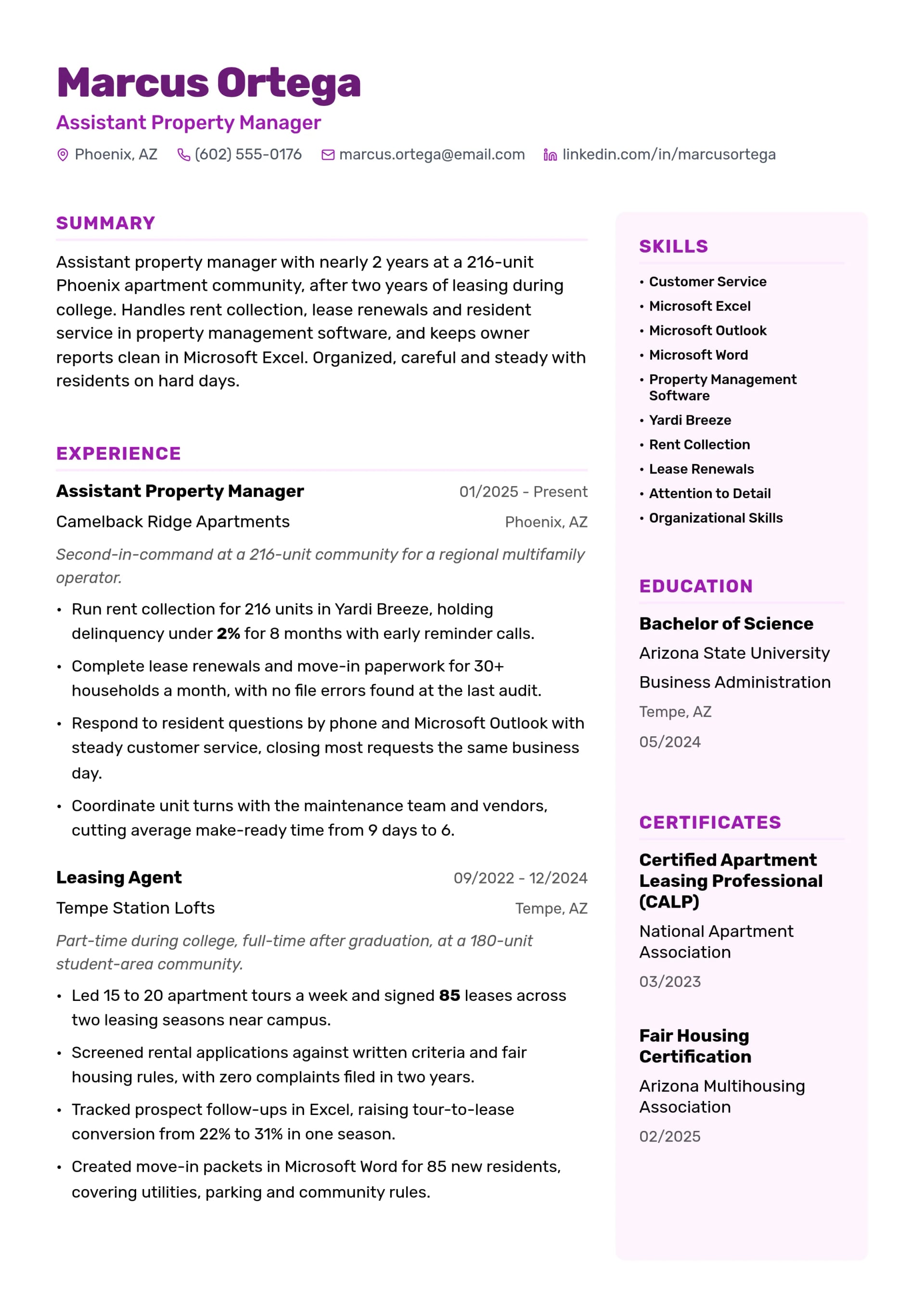 Assistant Property Manager resume example