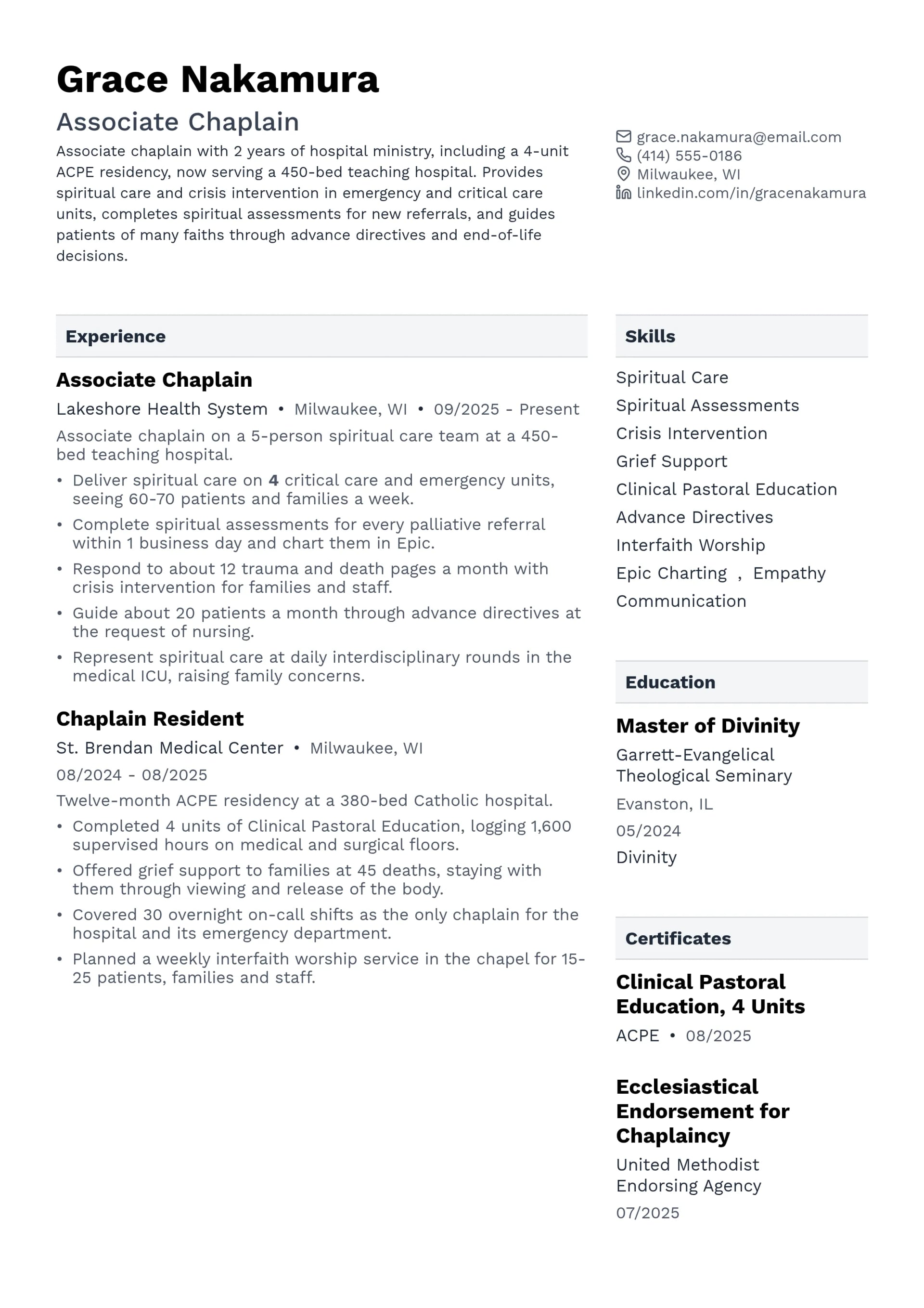 Associate Chaplain resume example