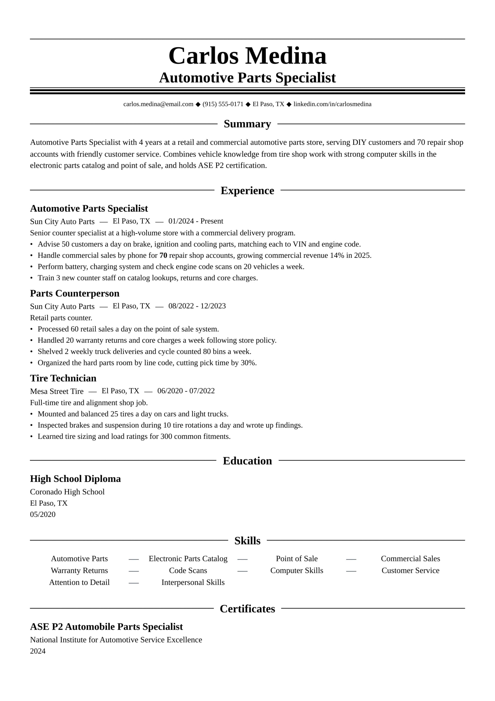 Automotive Parts Specialist resume example