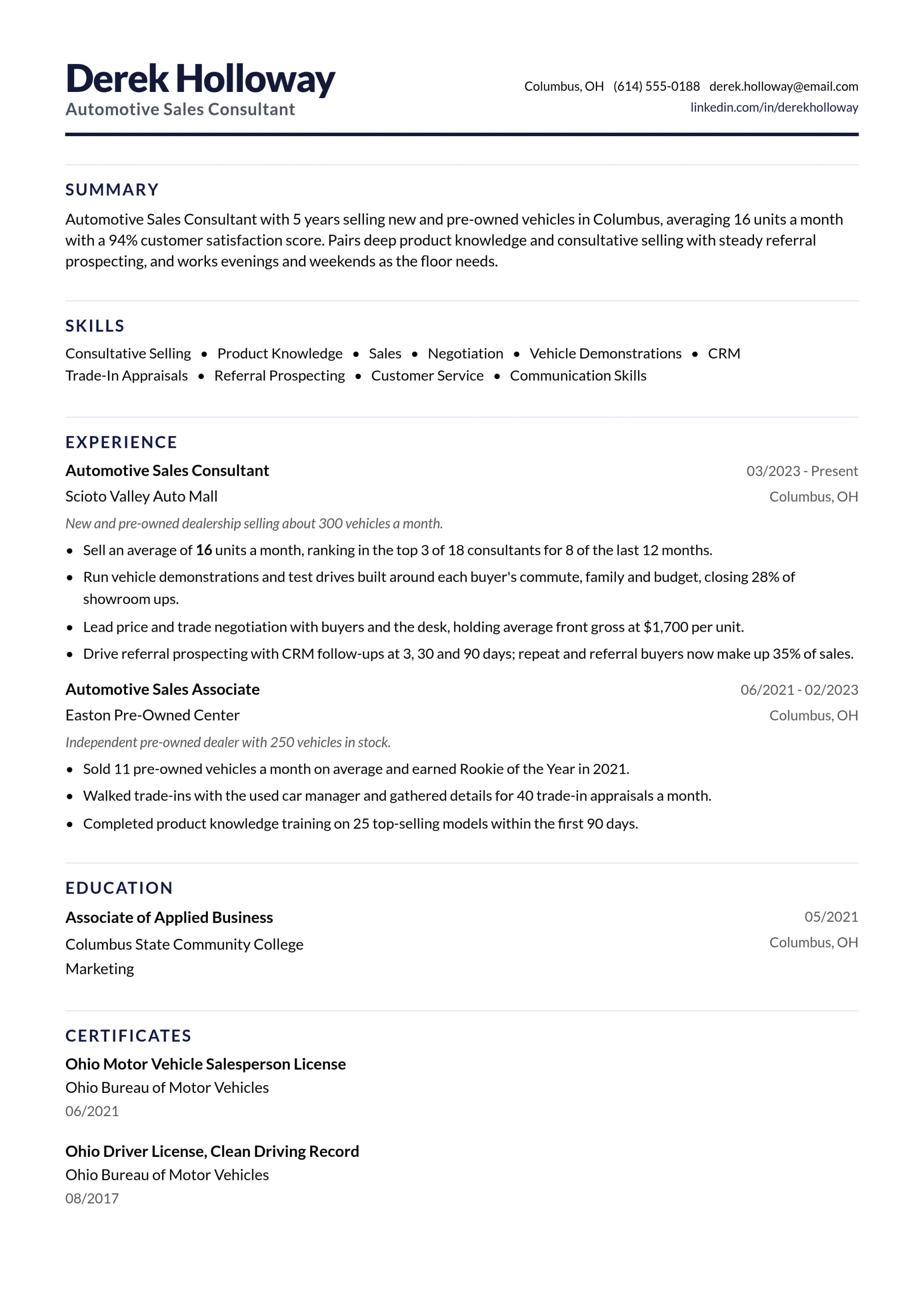 Automotive Sales Consultant resume example