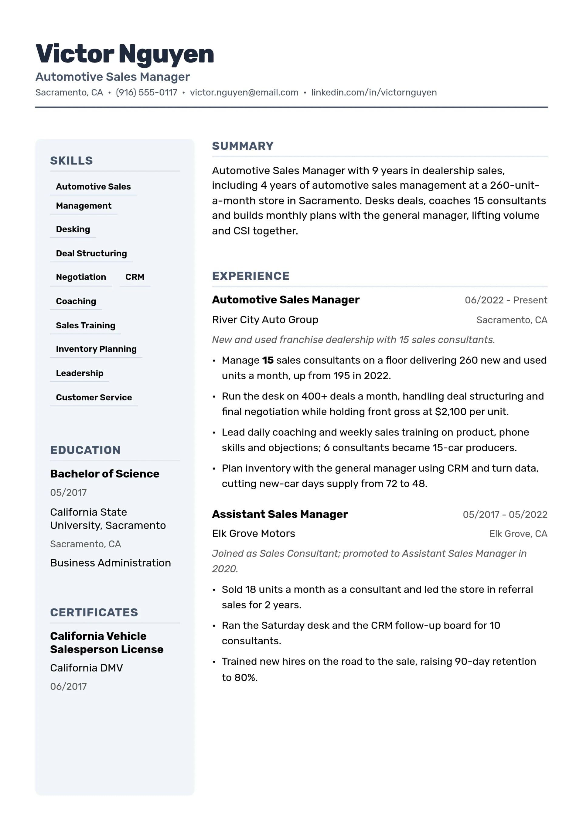 Automotive Sales Manager resume example