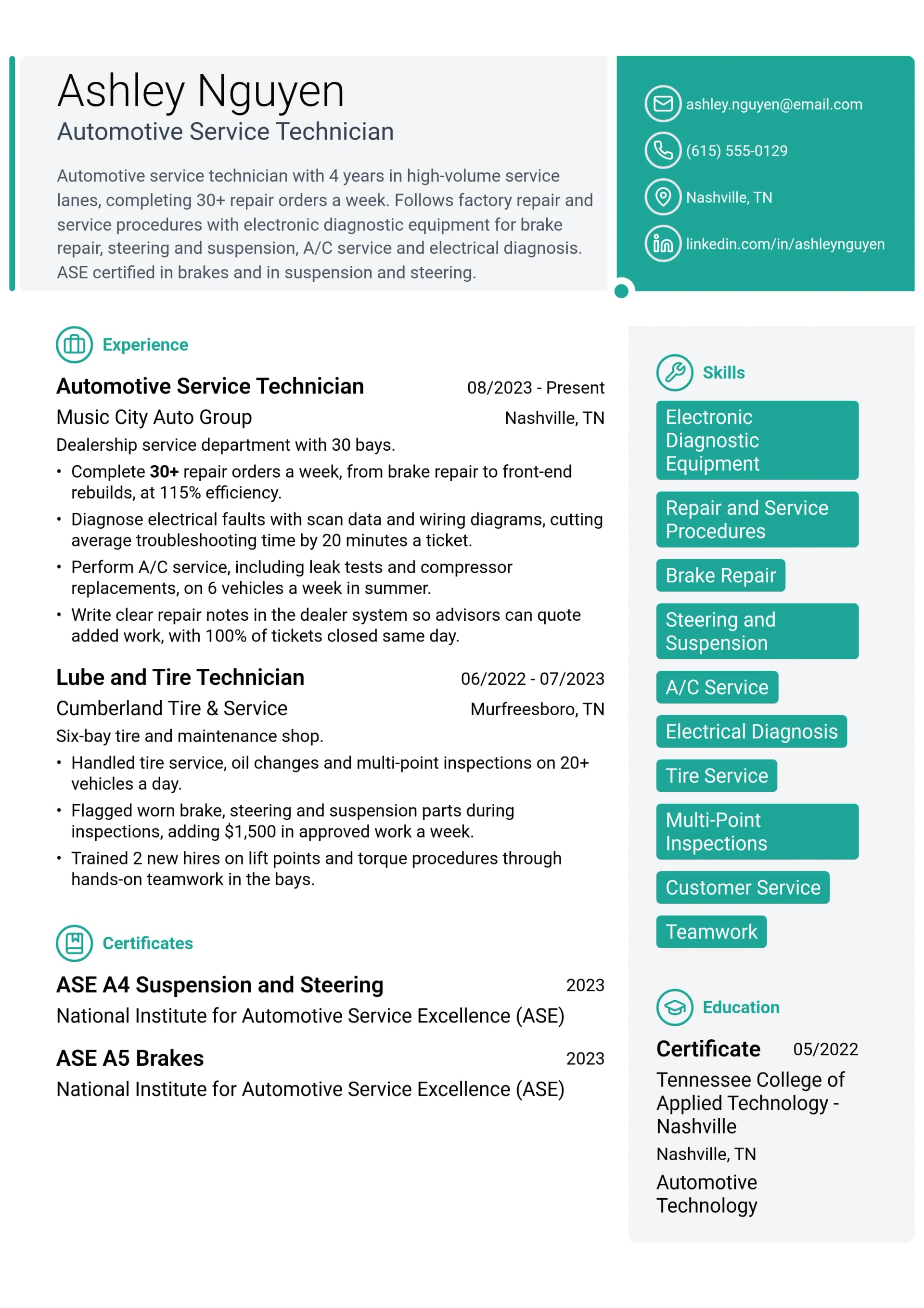 Automotive Service Technician resume example