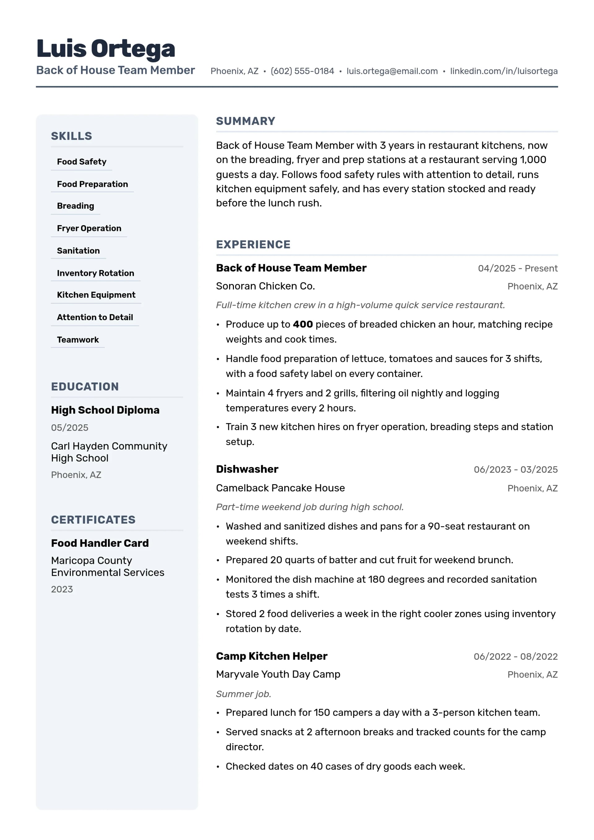 Back of House Team Member resume example
