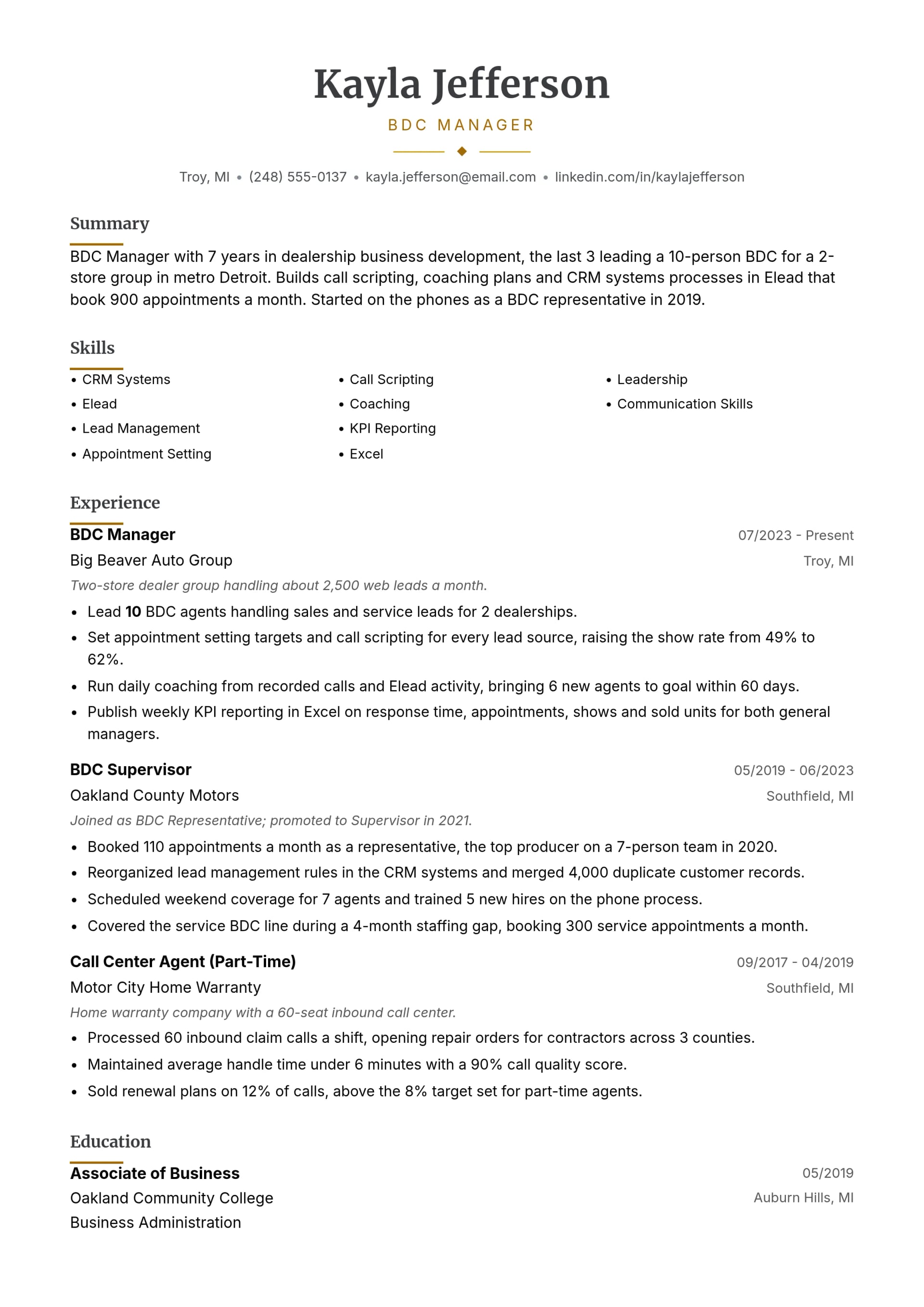 BDC Manager resume example