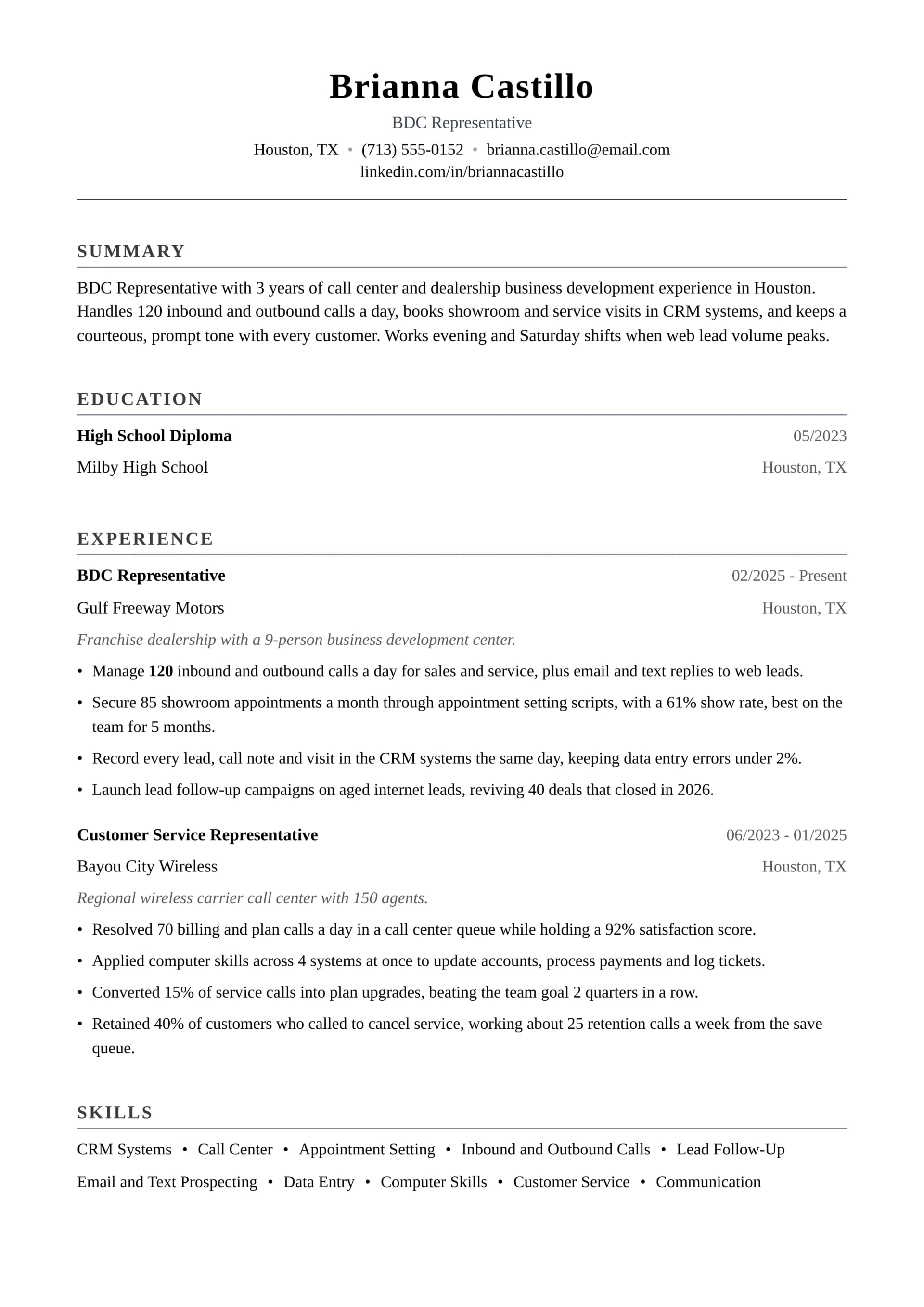 BDC Representative resume example