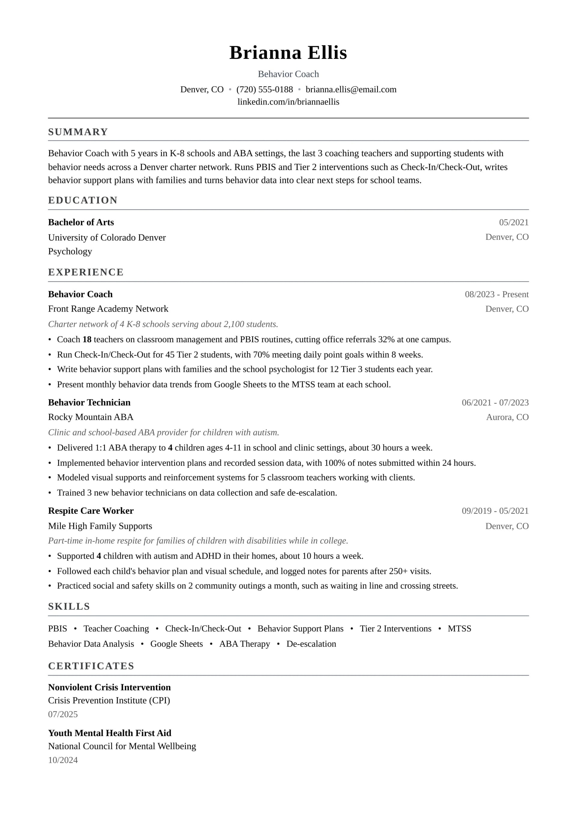 Behavior Coach resume example