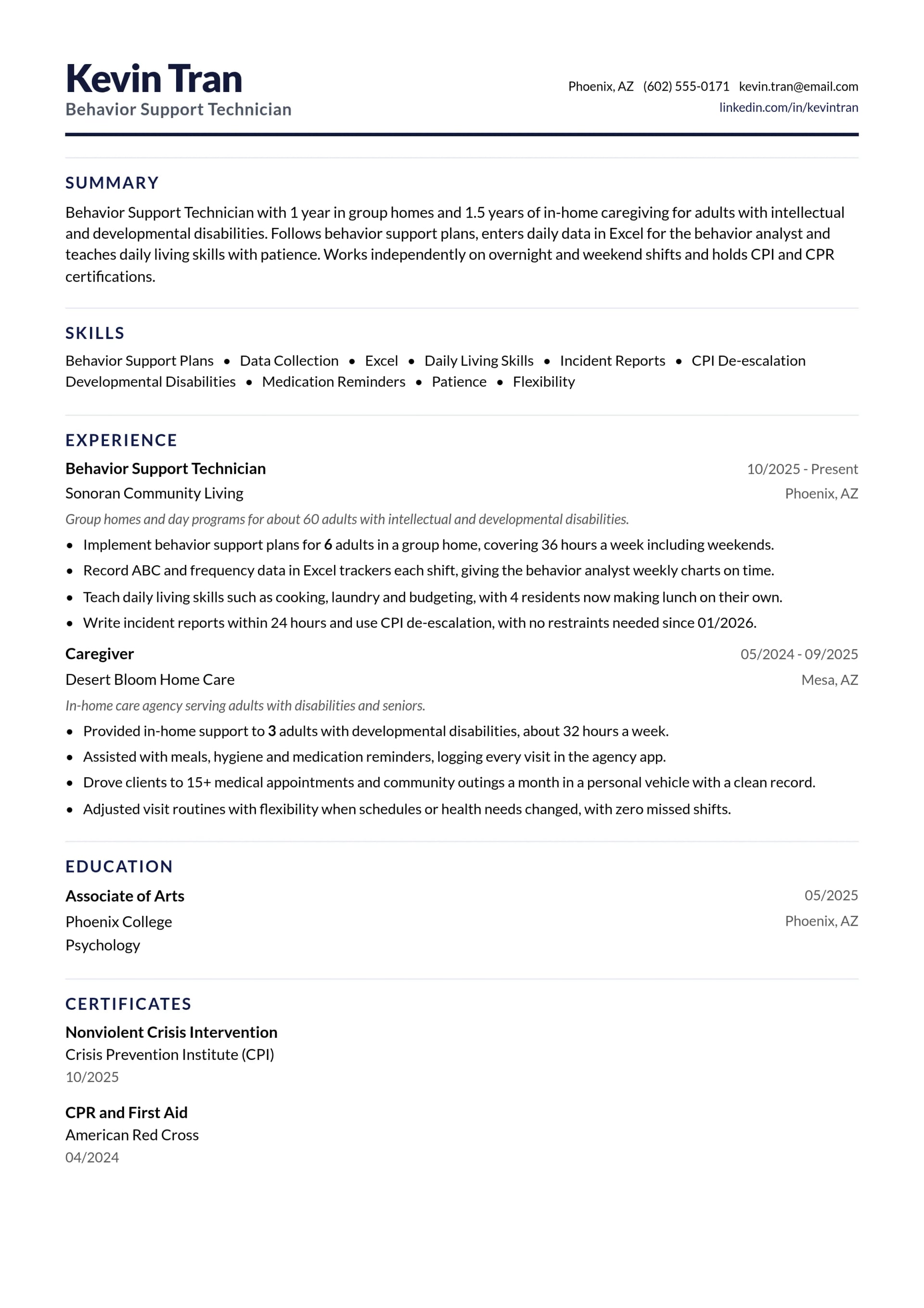 Behavior Support Technician resume example
