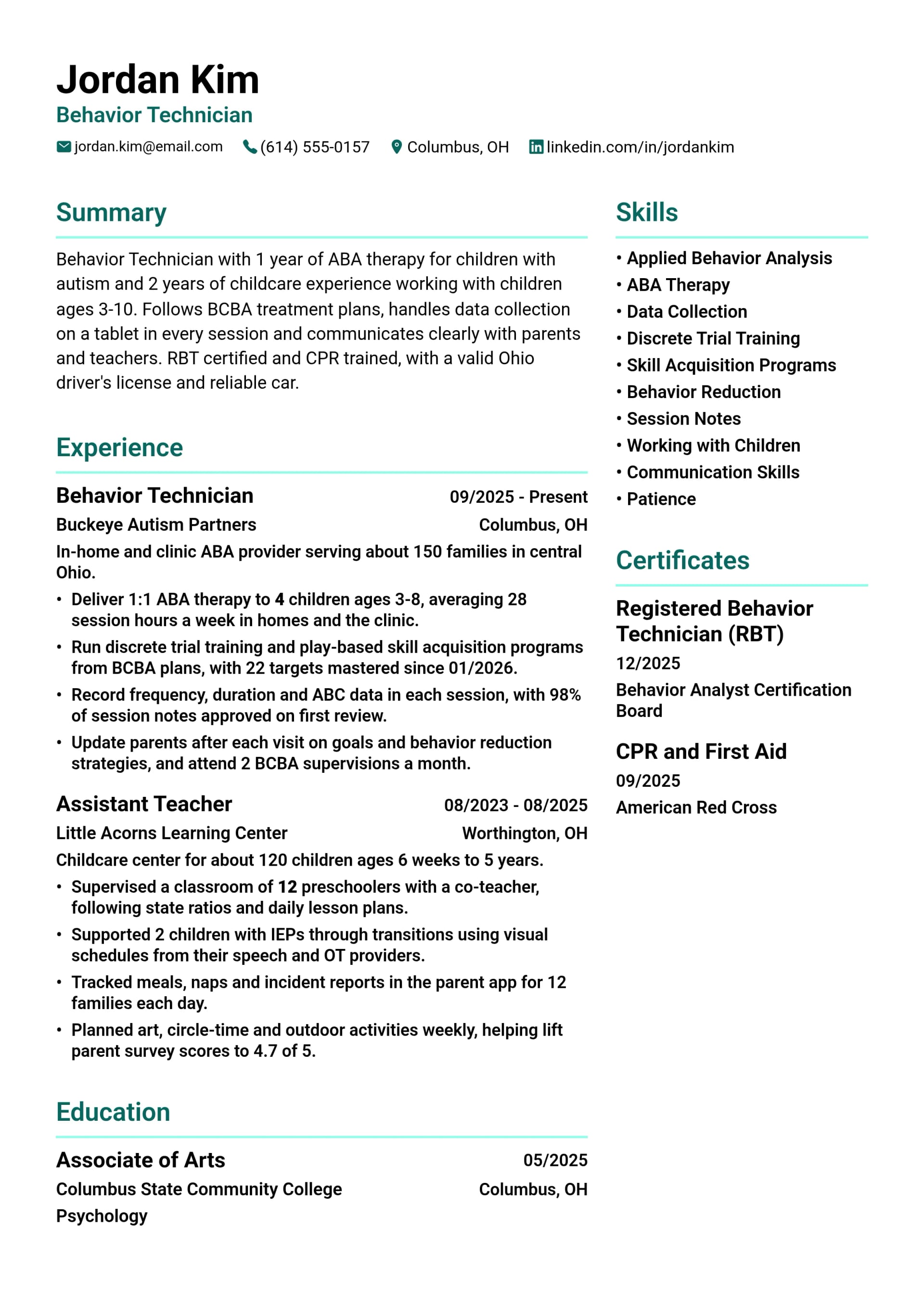 Behavior Technician resume example