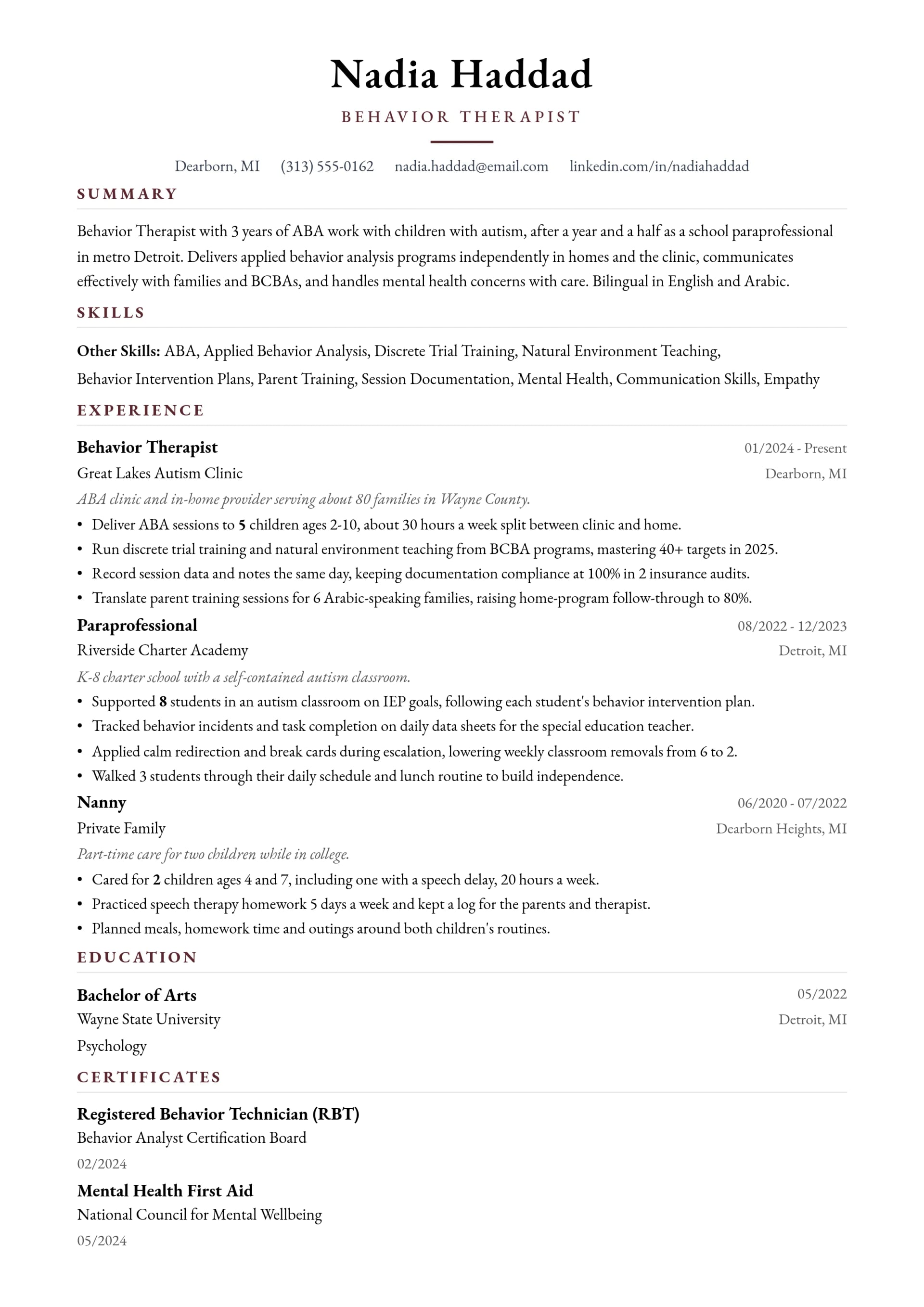 Behavior Therapist resume example