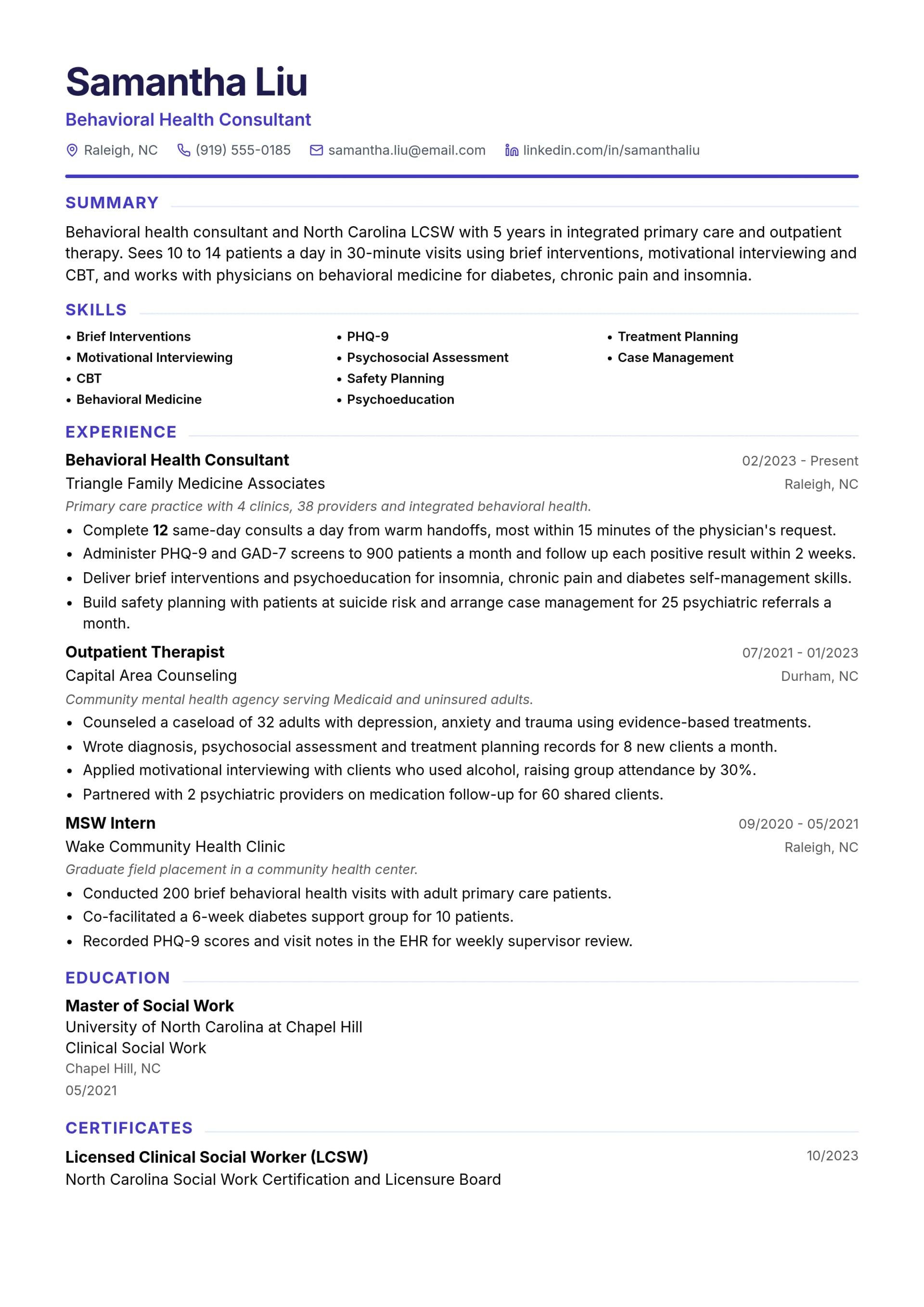 Behavioral Health Consultant resume example