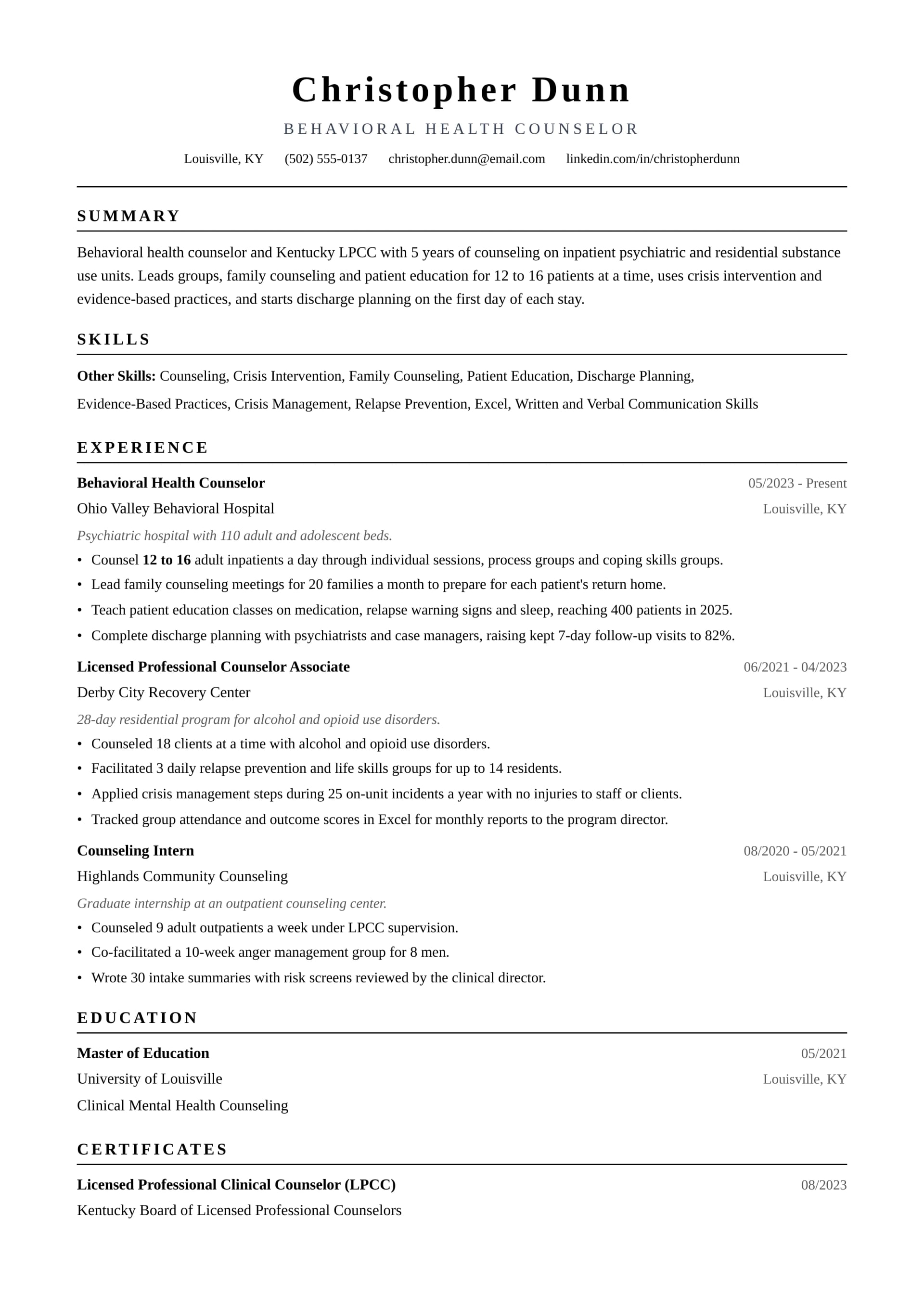 Behavioral Health Counselor resume example