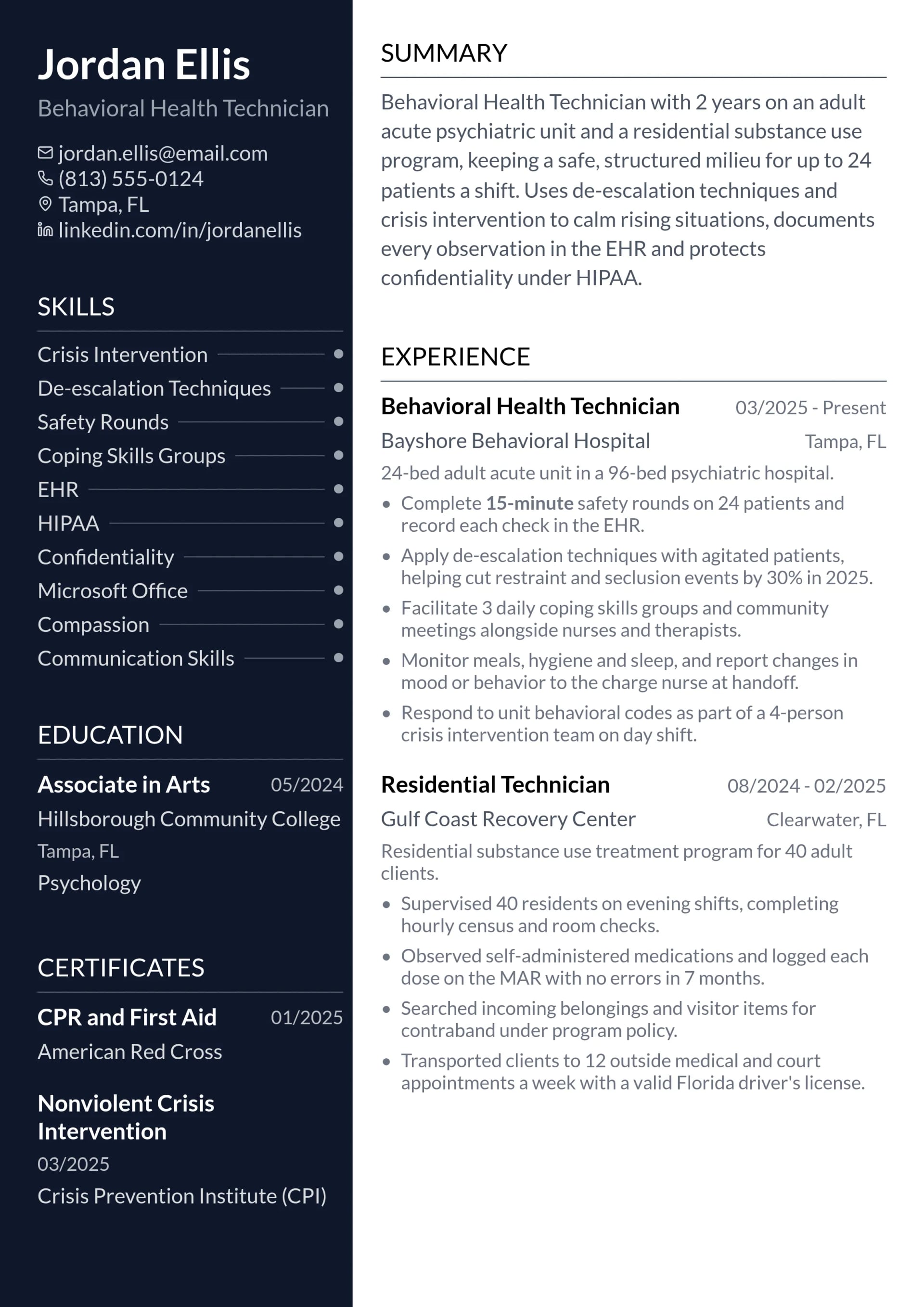 Behavioral Health Technician resume example