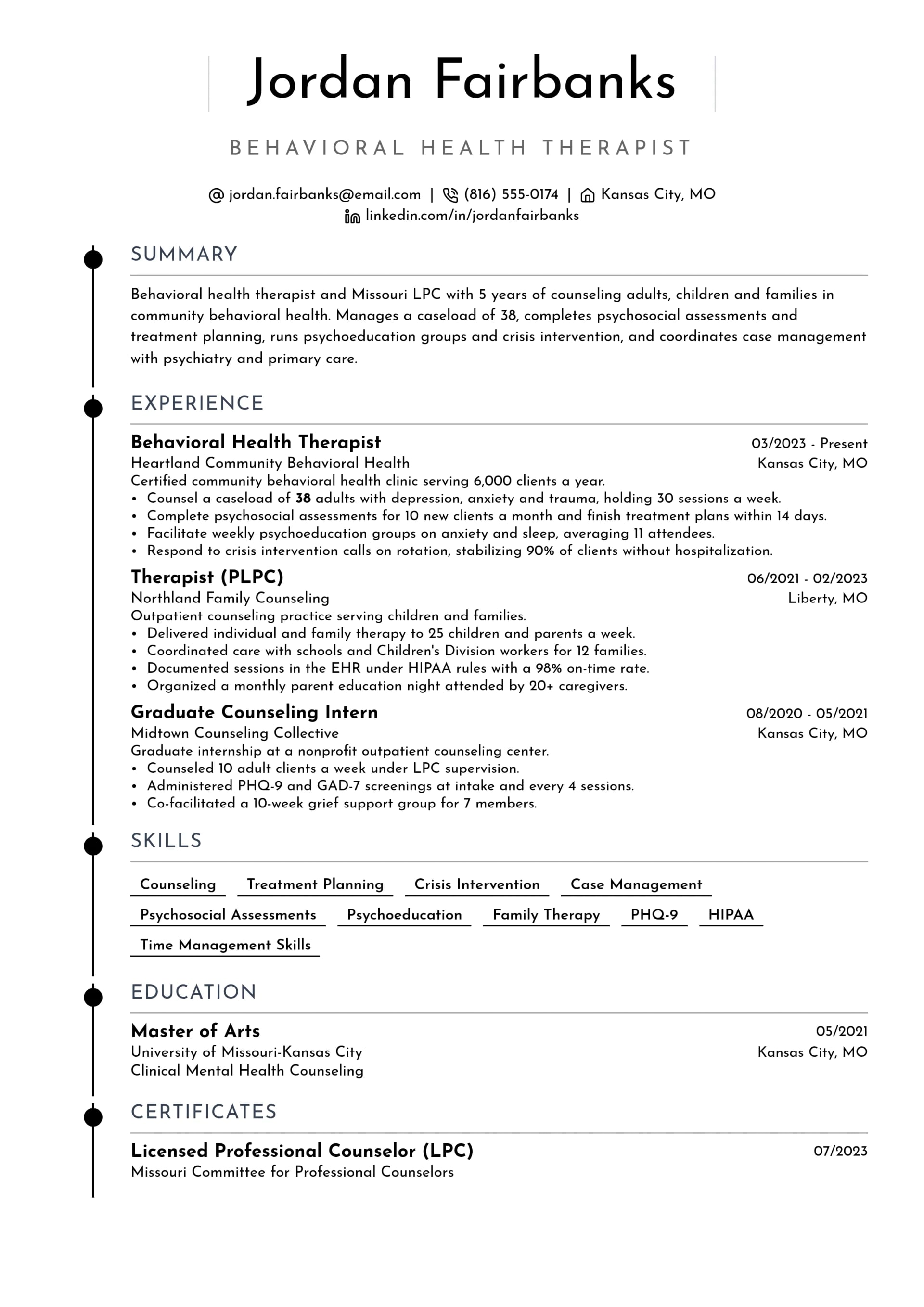 Behavioral Health Therapist resume example