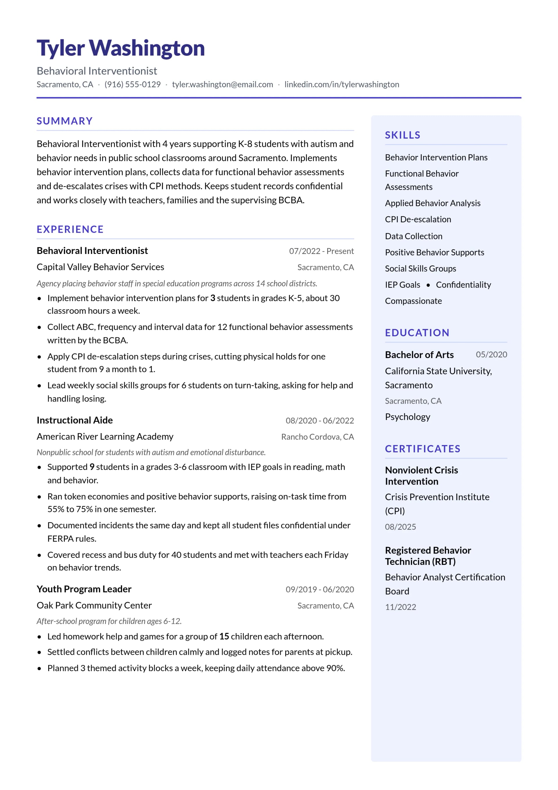 Behavioral Interventionist resume example