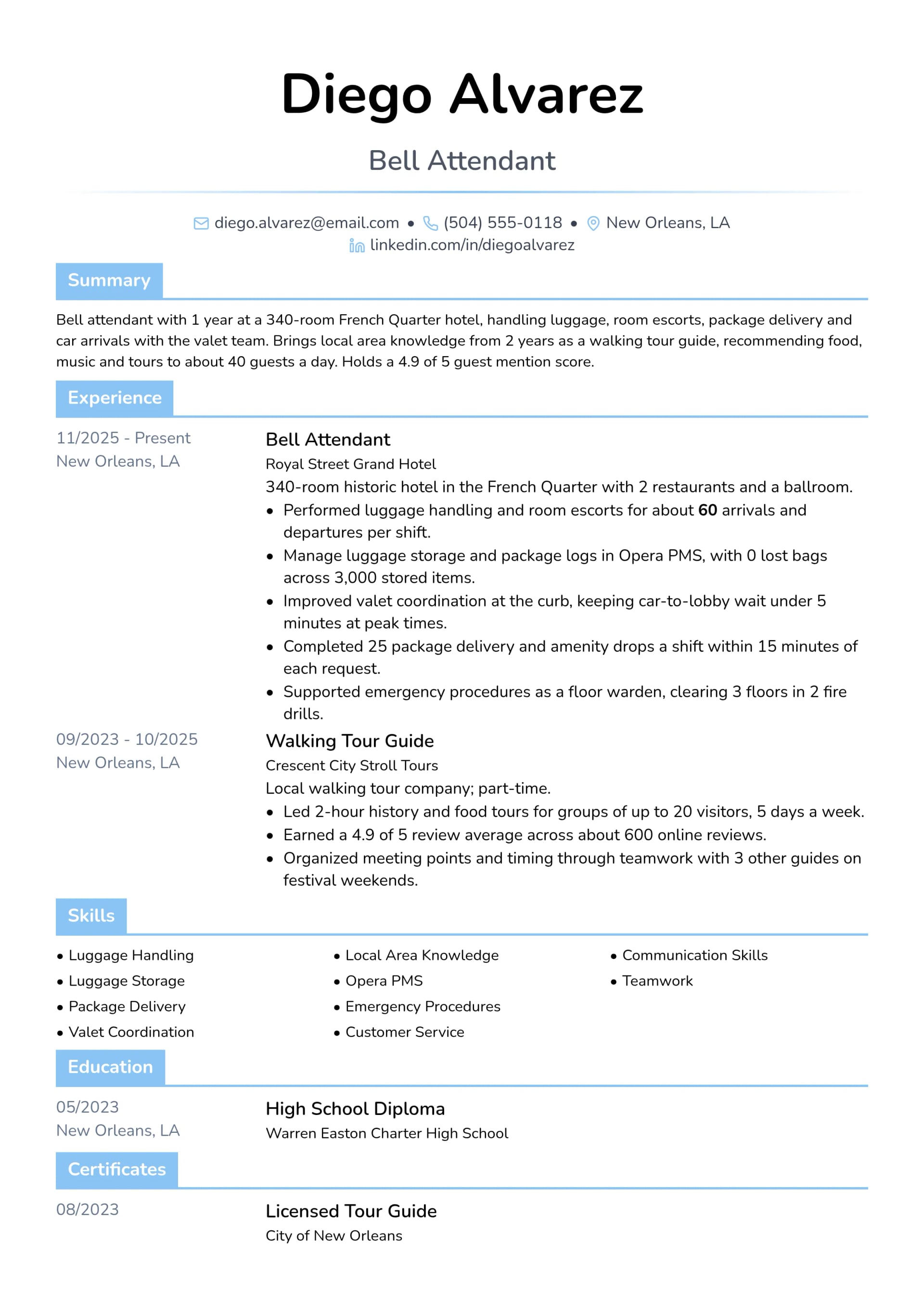 Bell Attendant resume example