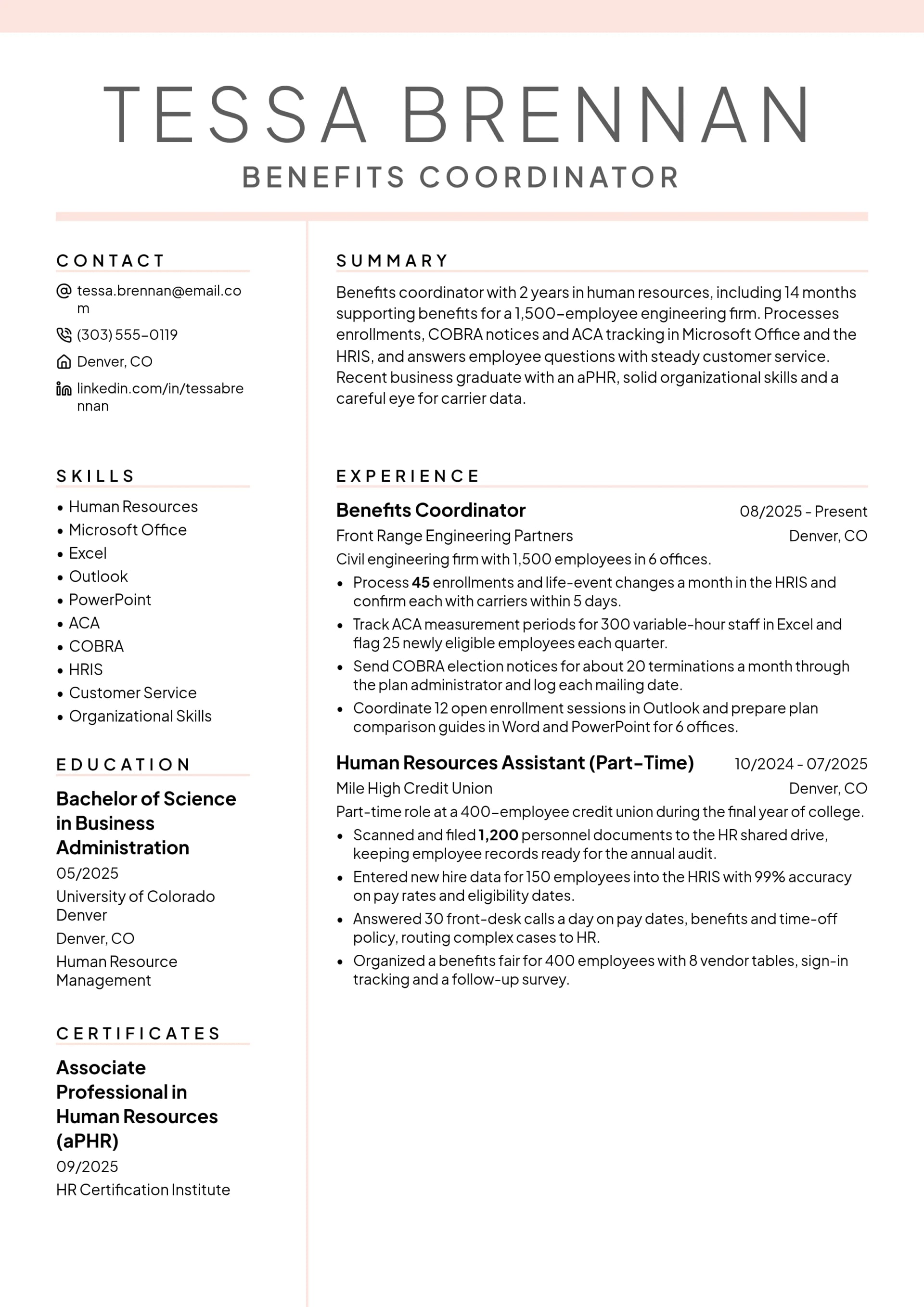 Benefits Coordinator resume example