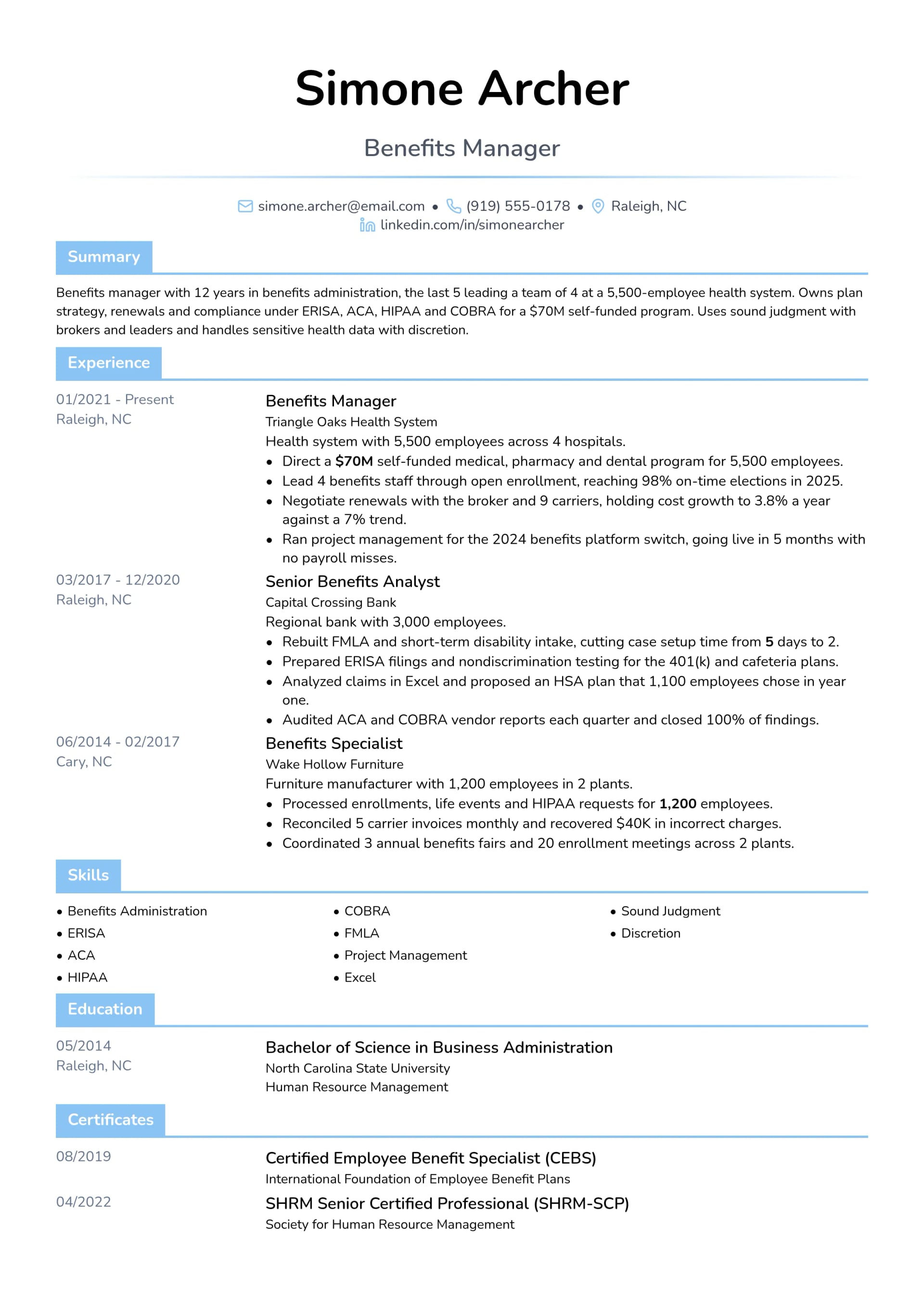 Benefits Manager resume example