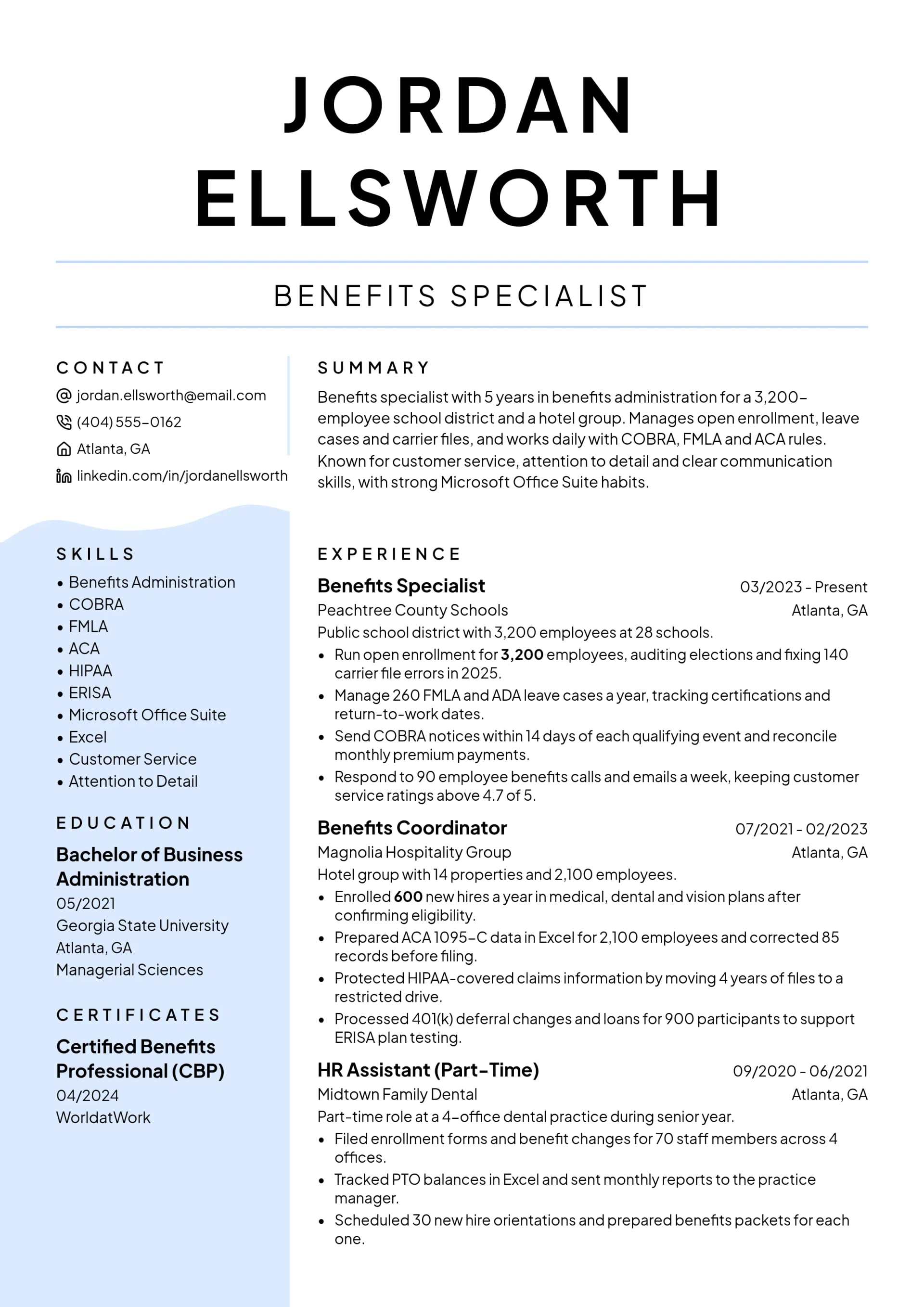 Benefits Specialist resume example