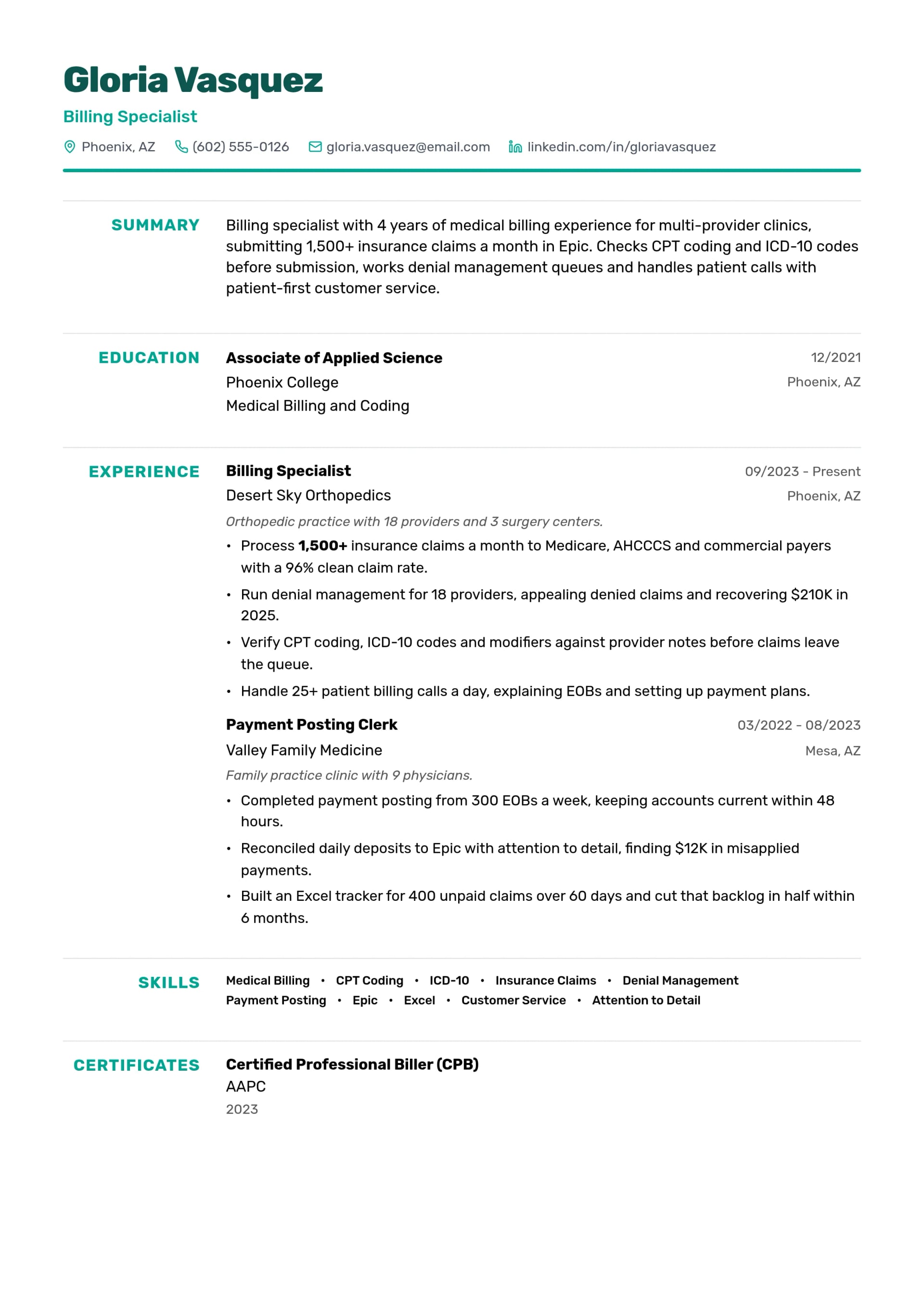 Billing Specialist resume example
