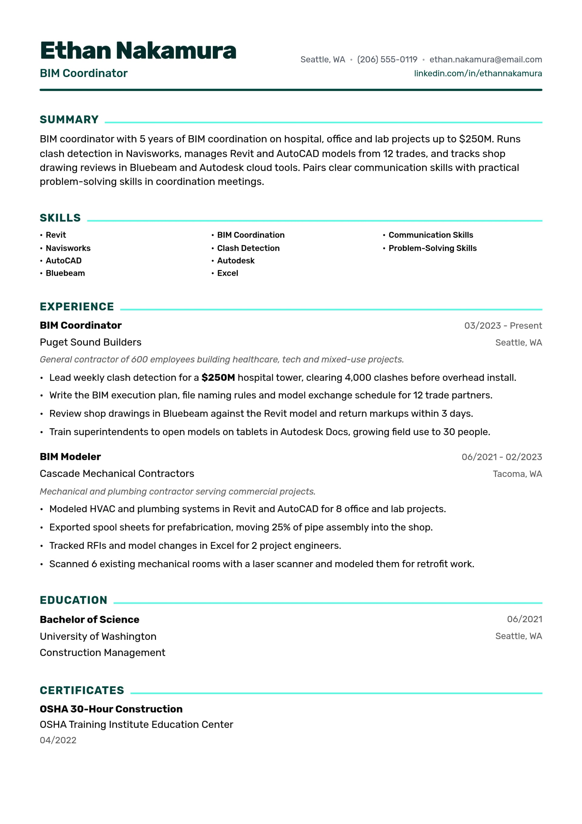 BIM Coordinator resume example
