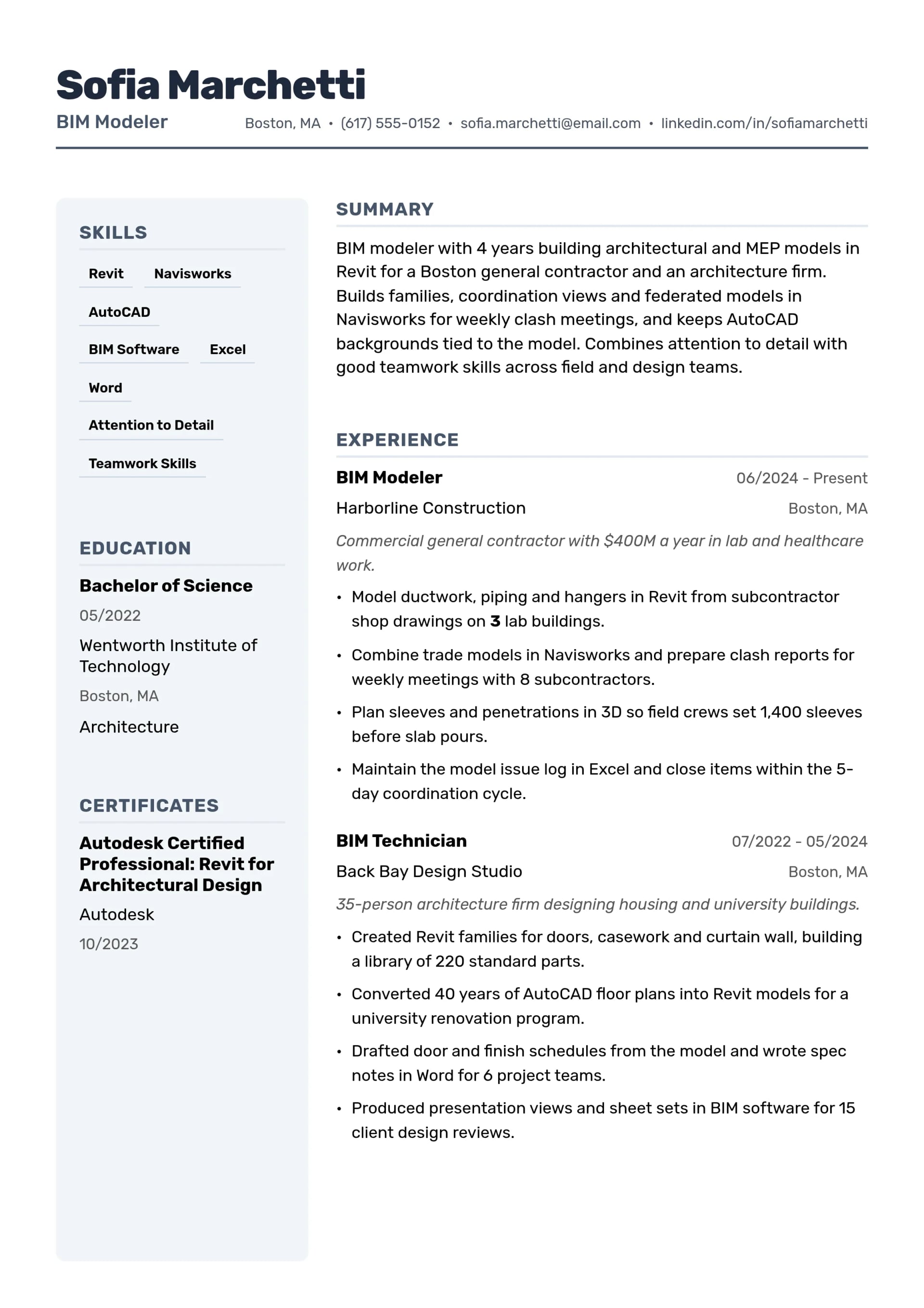 BIM Modeler resume example