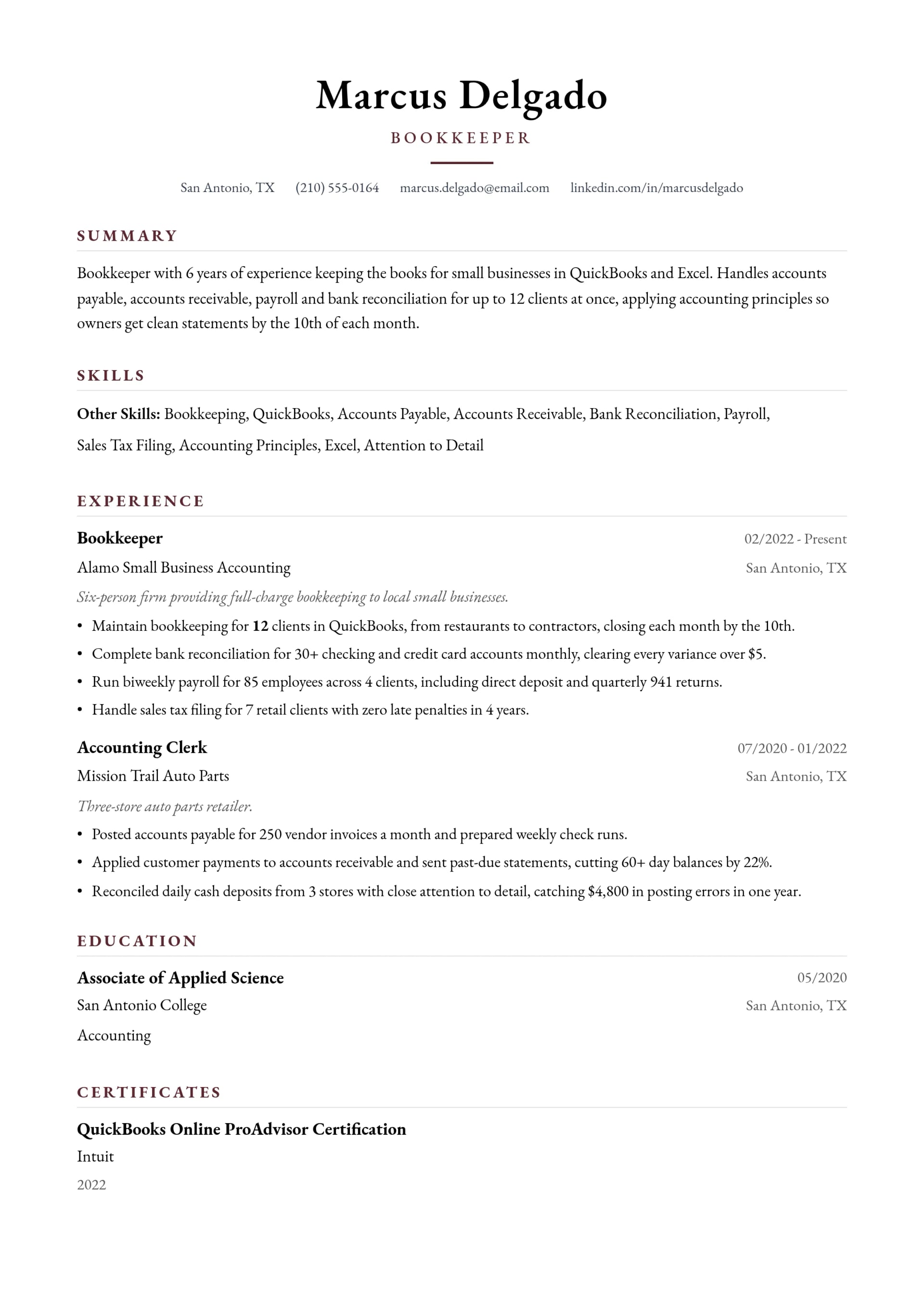 Bookkeeper resume example
