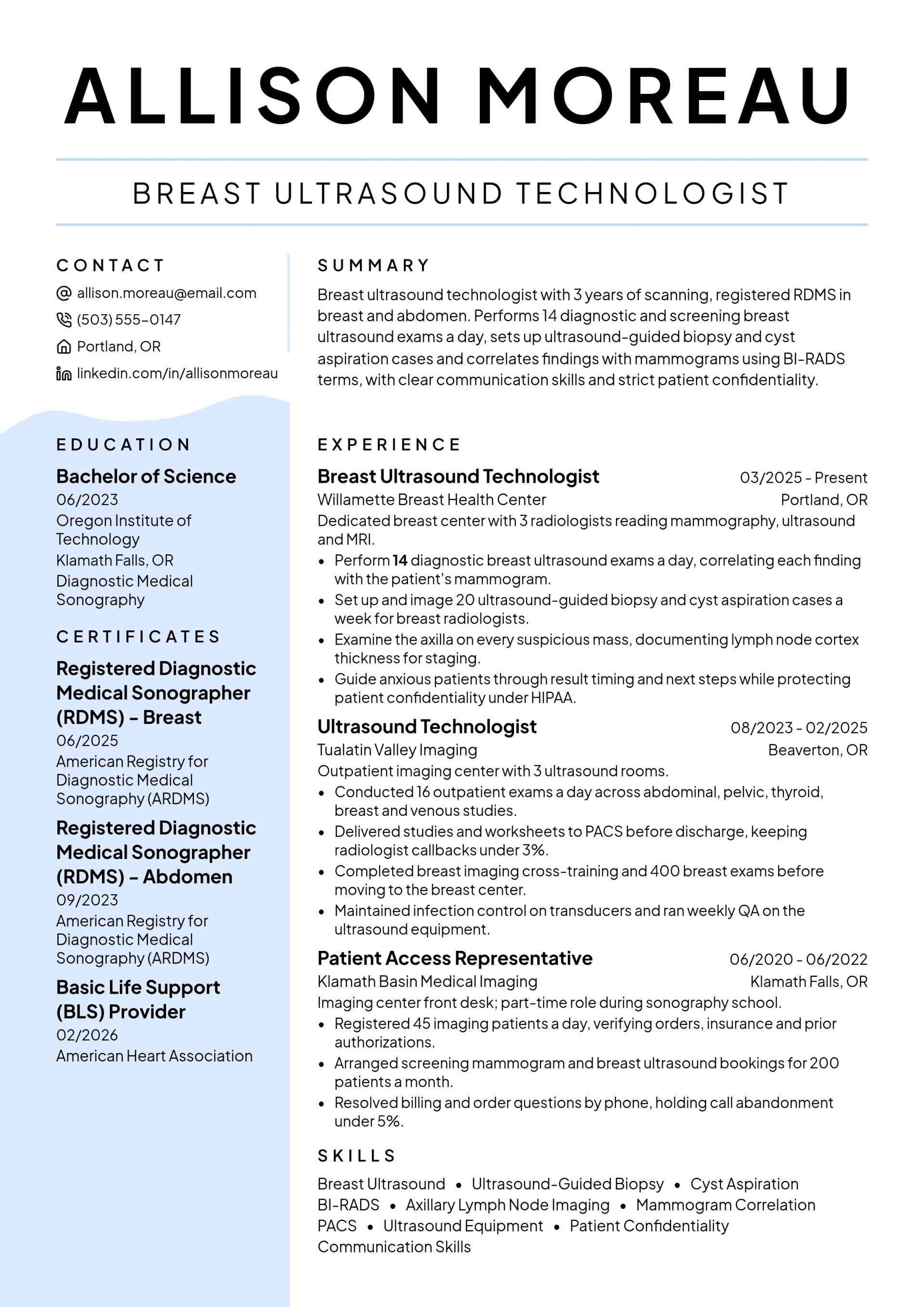 Breast Ultrasound Technologist resume example