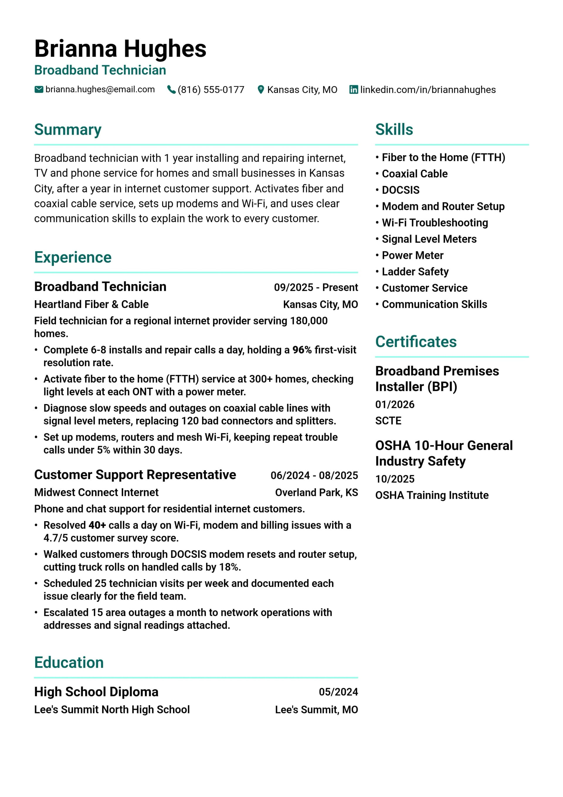 Broadband Technician resume example