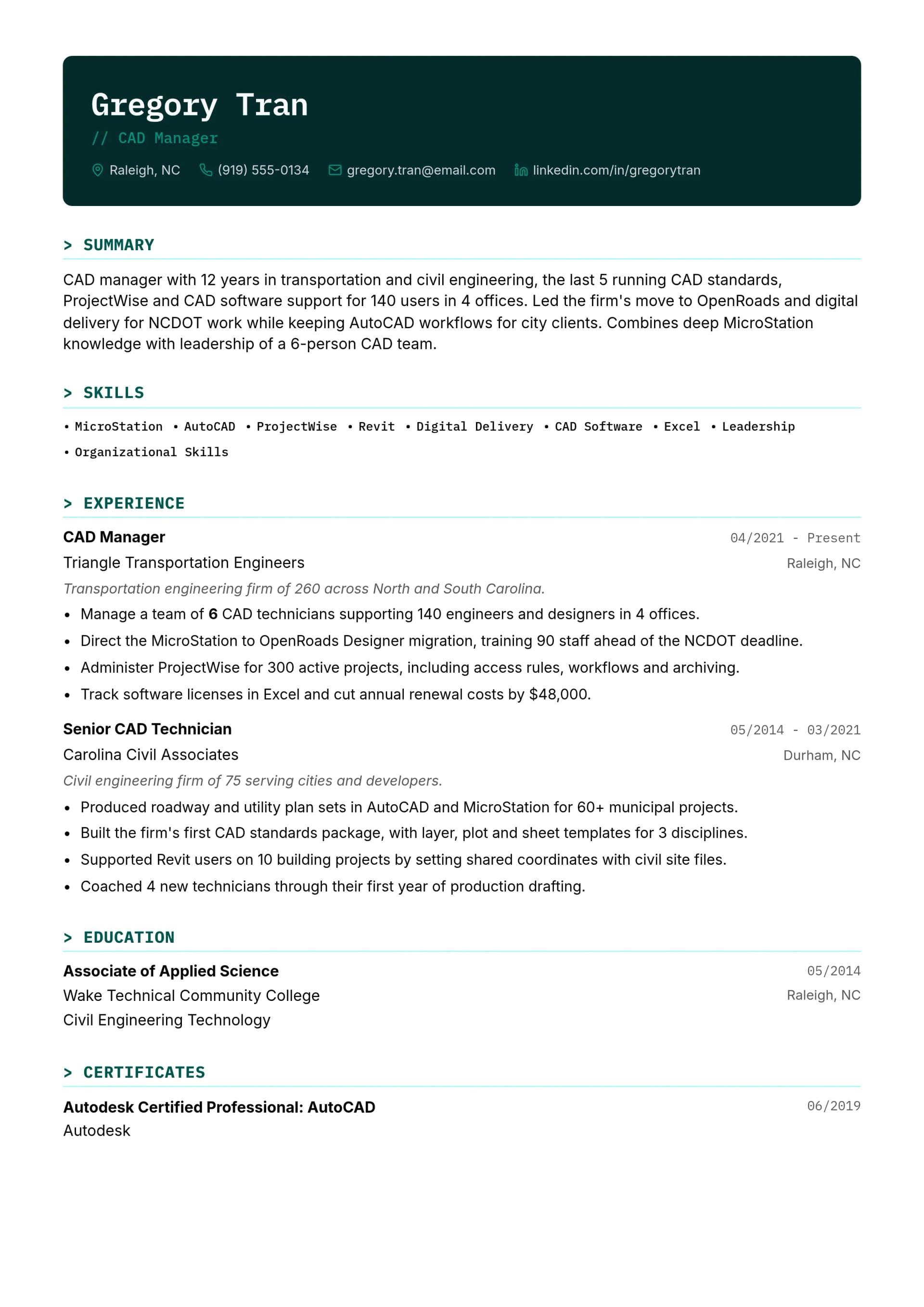 CAD Manager resume example