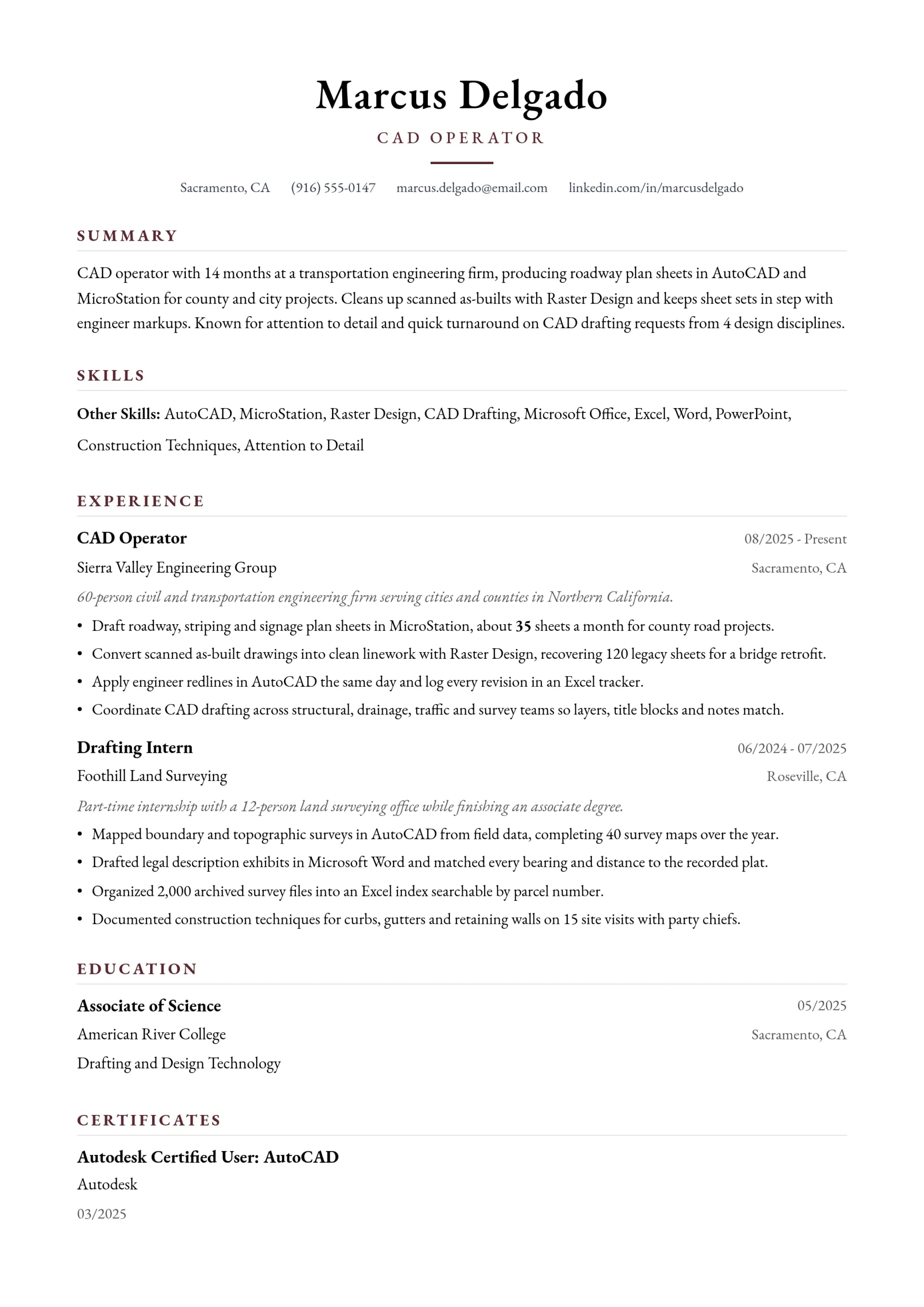 CAD Operator resume example