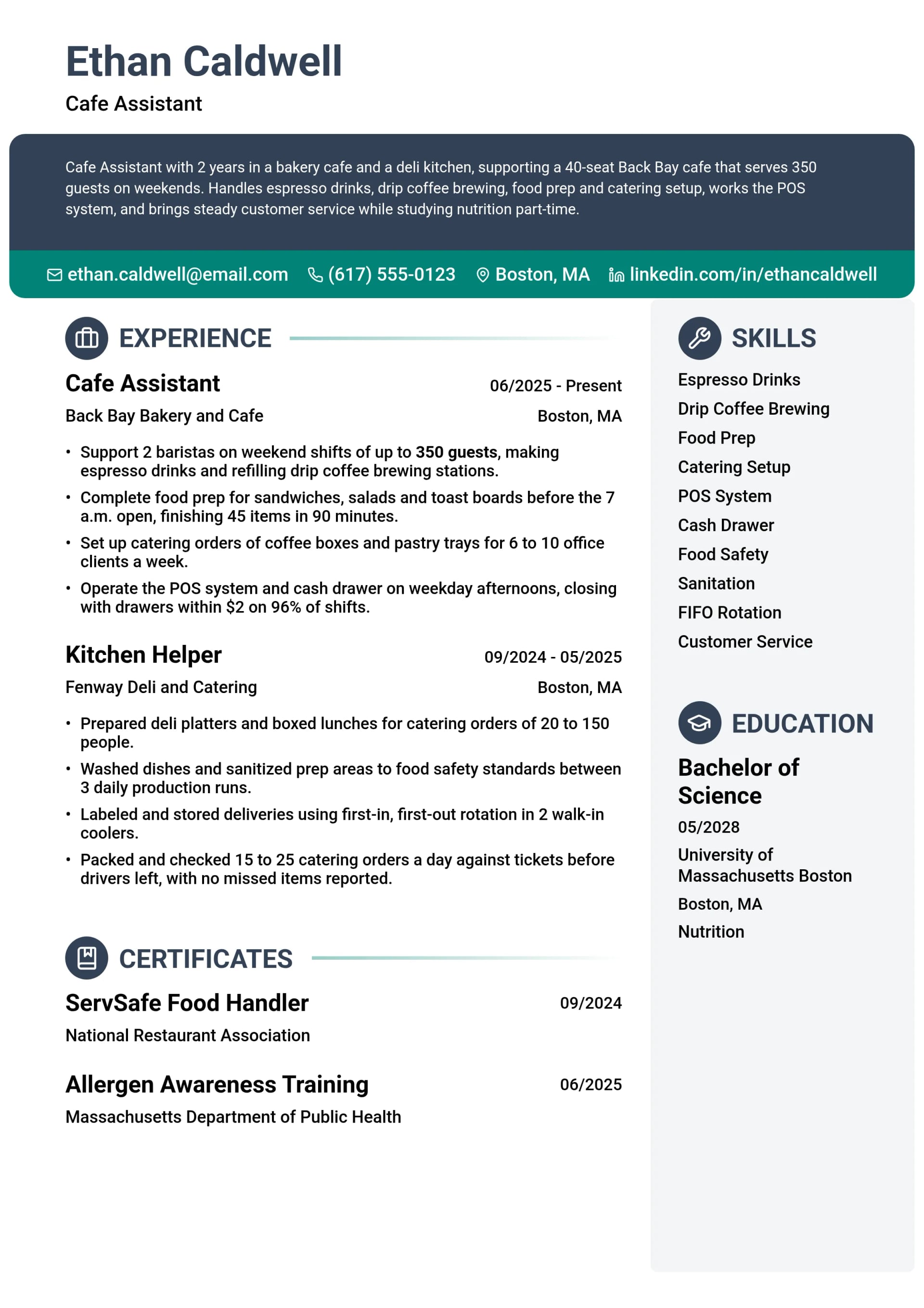 Cafe Assistant resume example