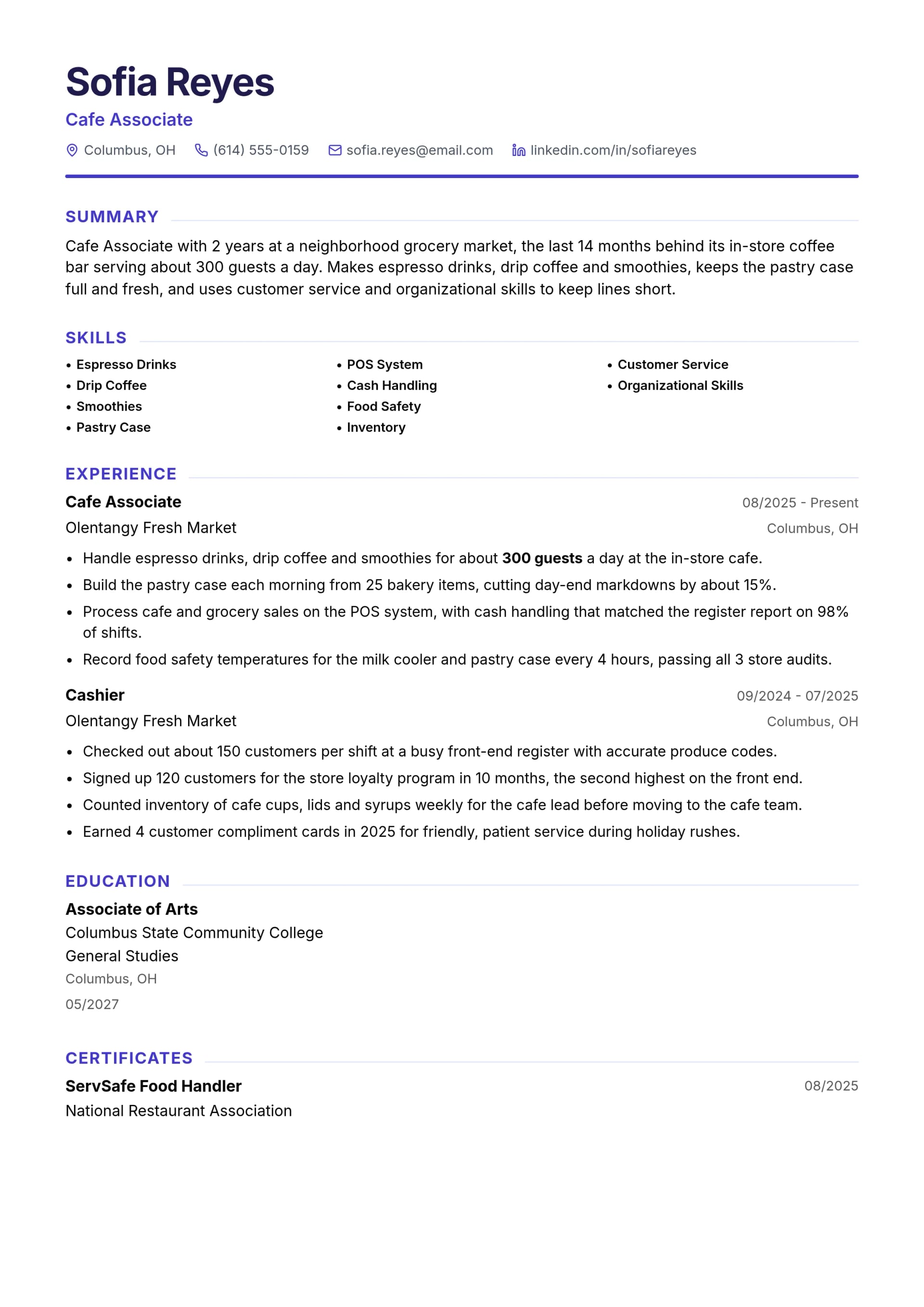 Cafe Associate resume example