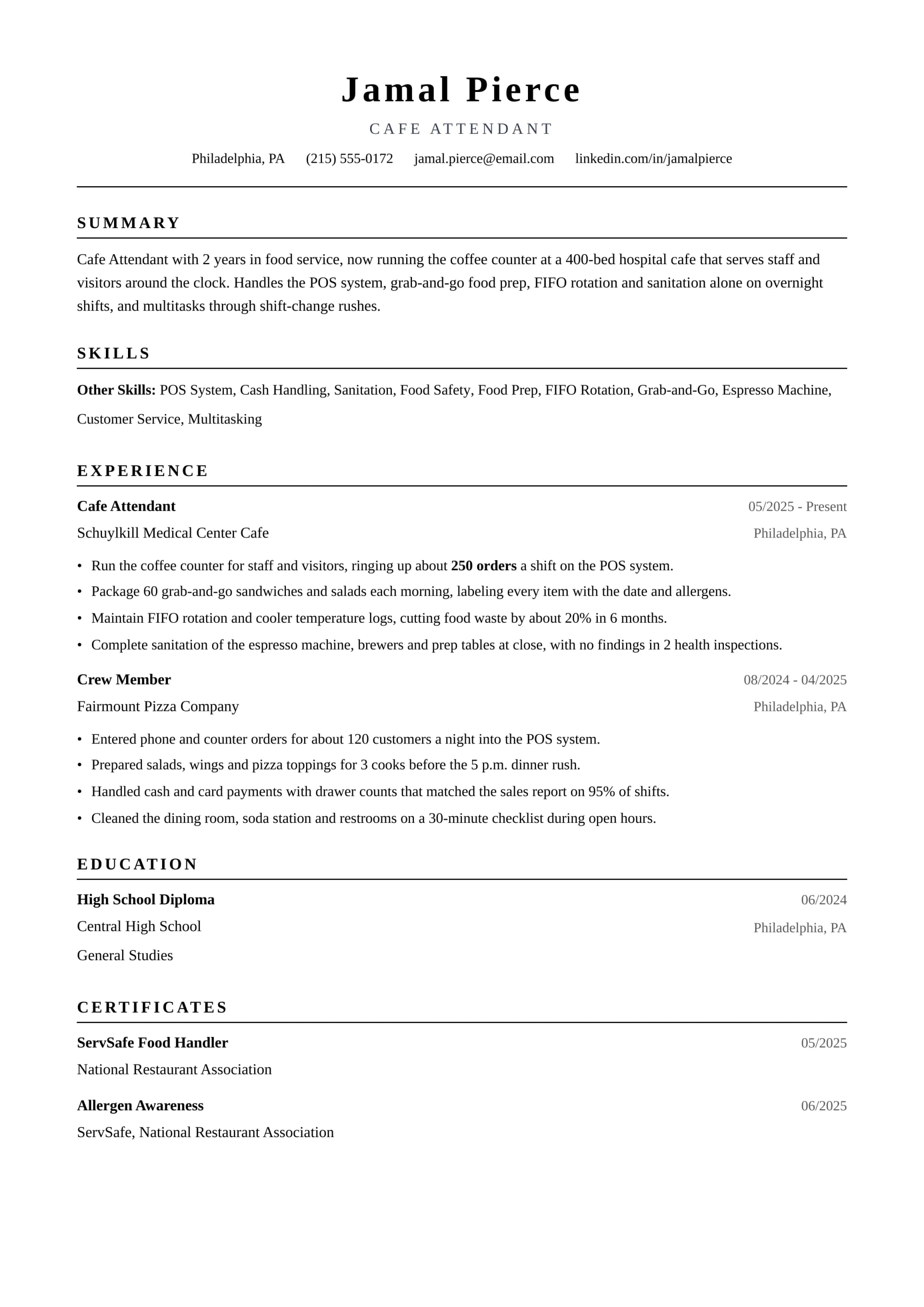 Cafe Attendant resume example