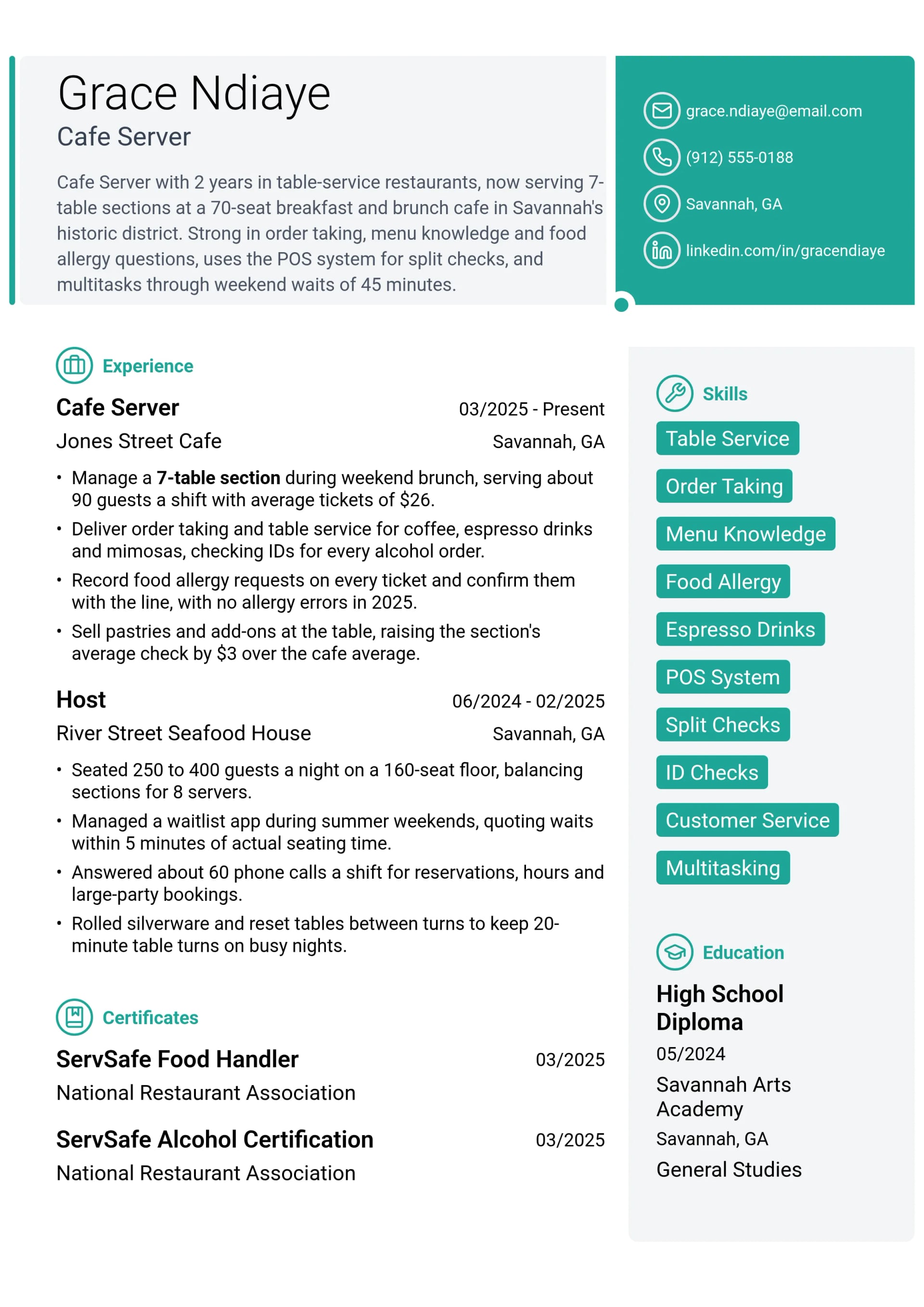 Cafe Server resume example