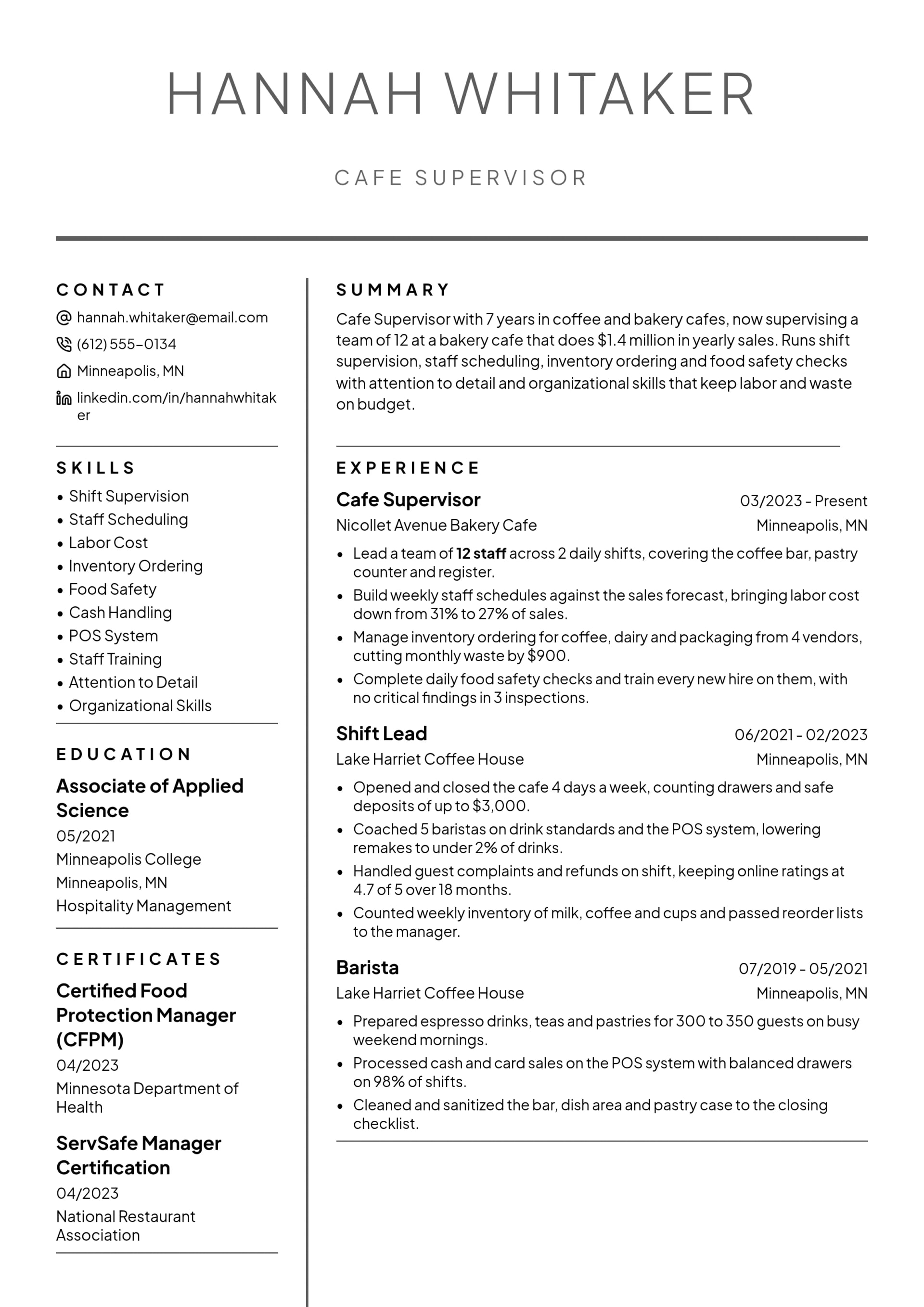 Cafe Supervisor resume example