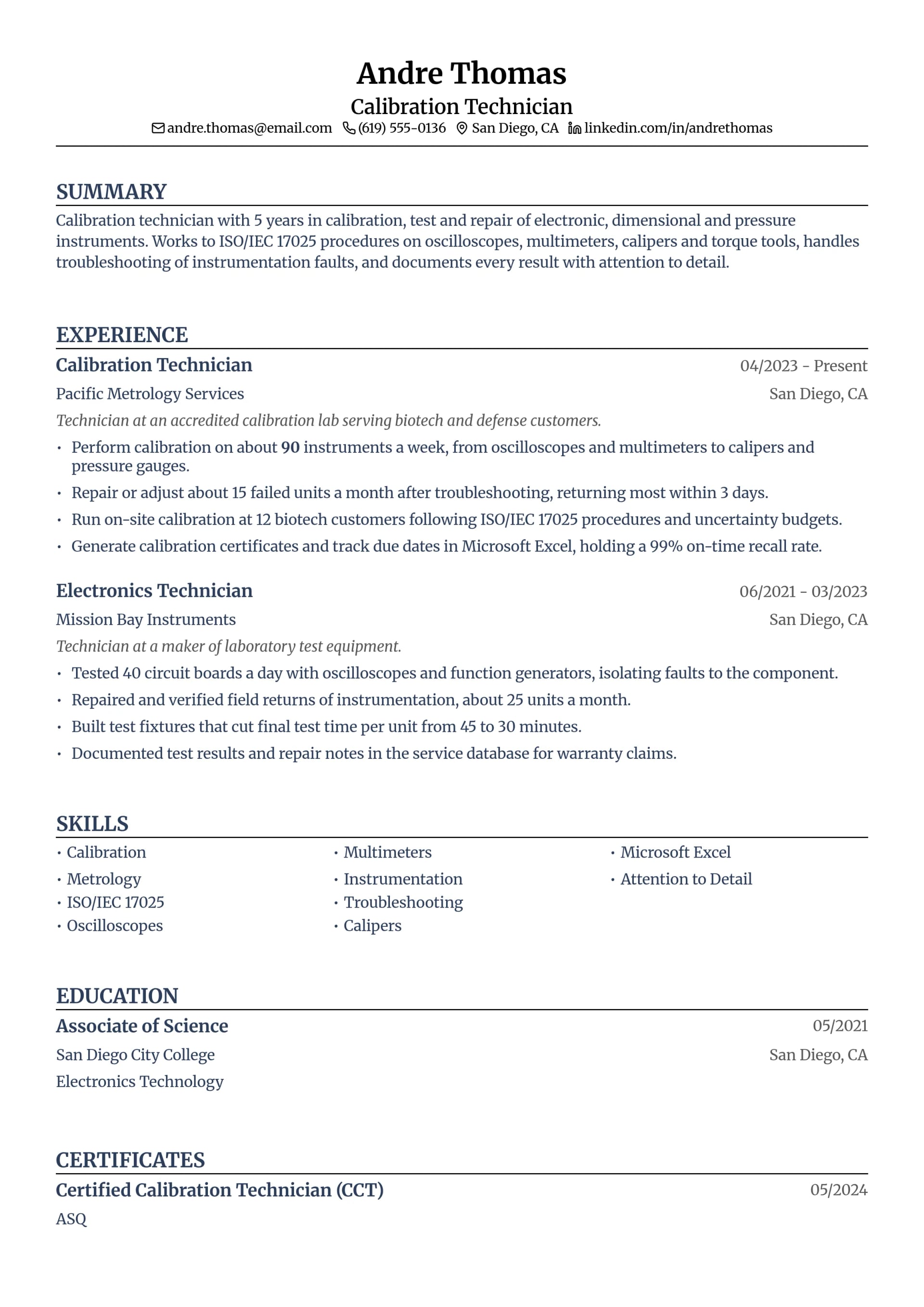 Calibration Technician resume example