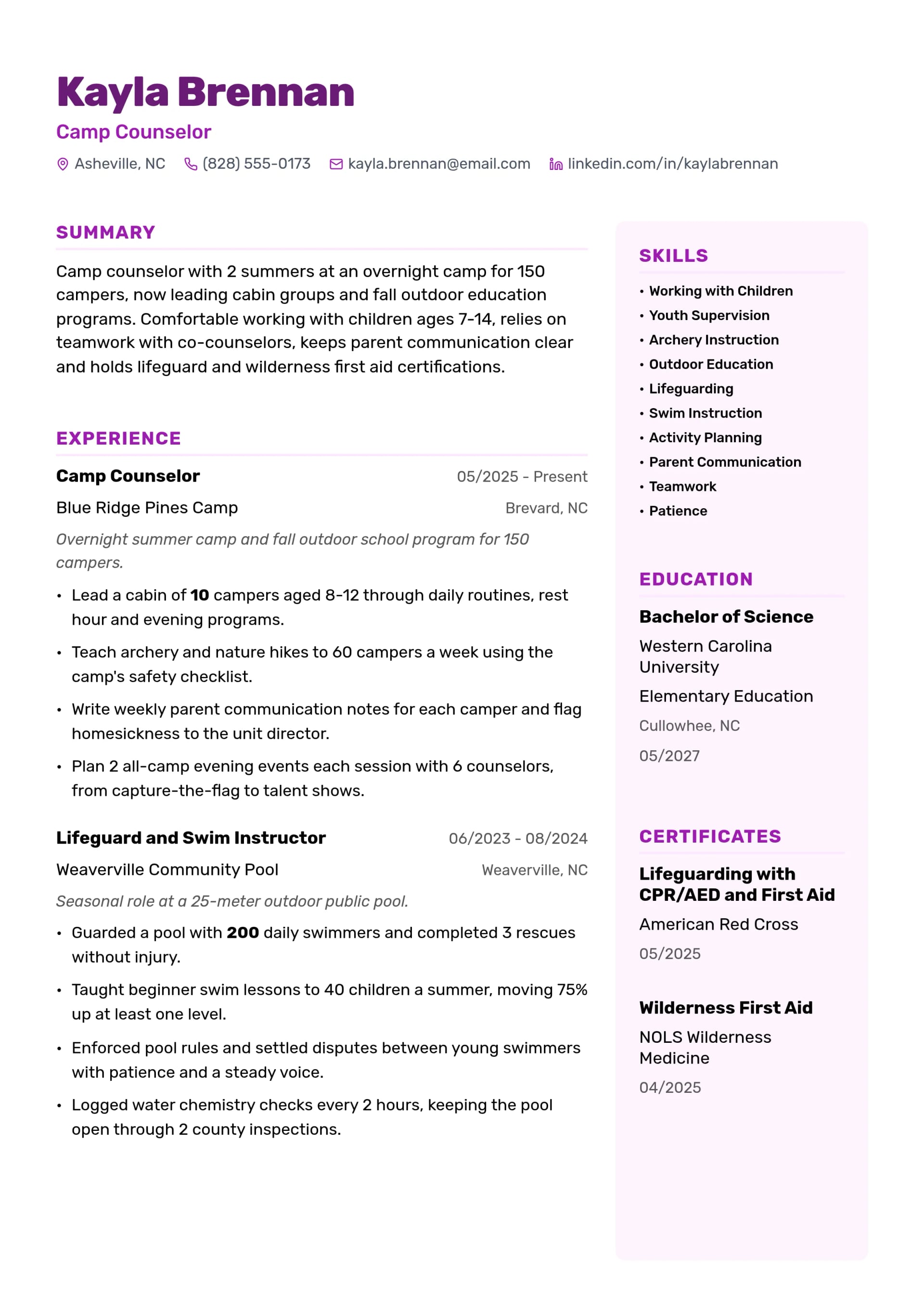 Camp Counselor resume example