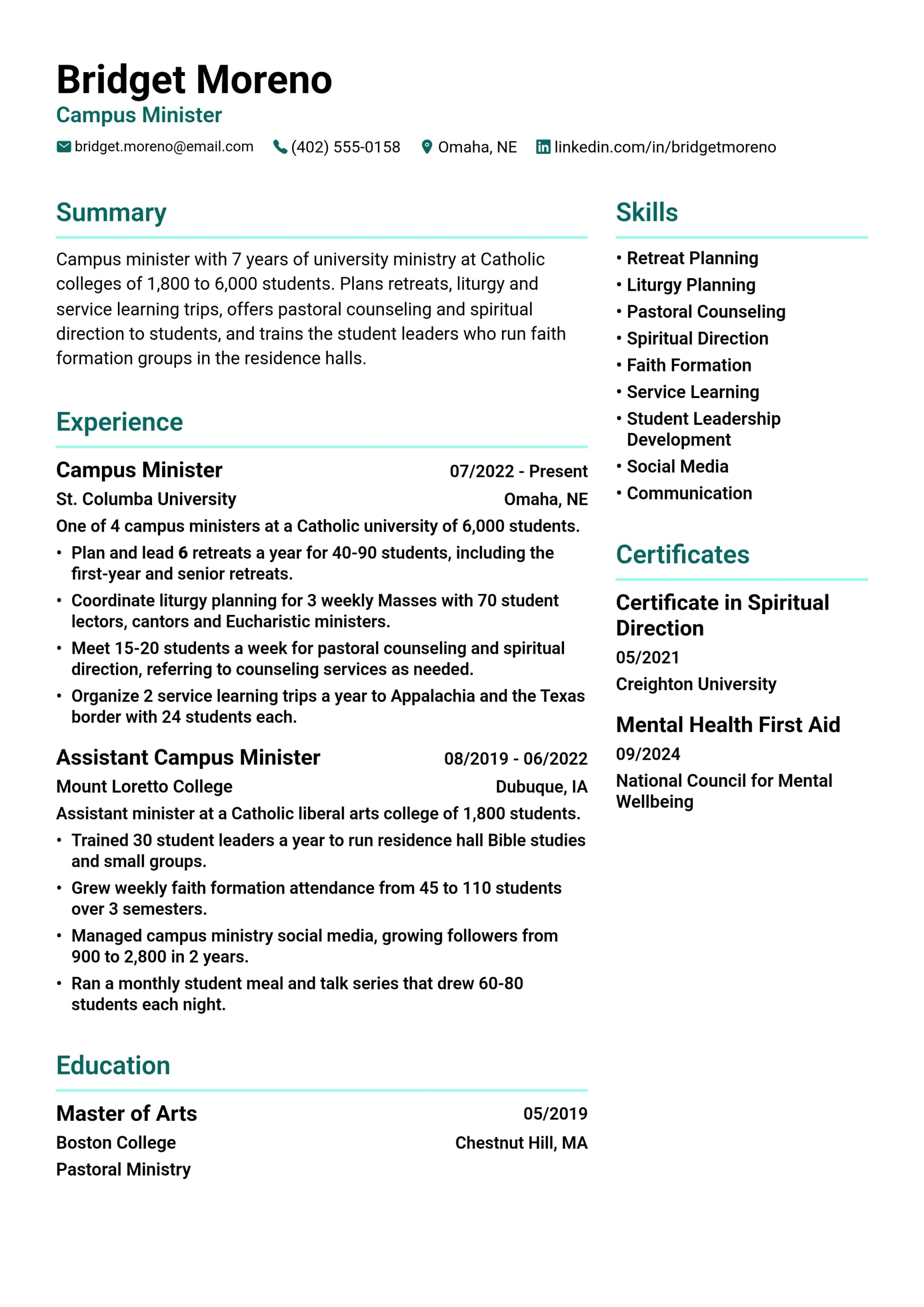 Campus Minister resume example
