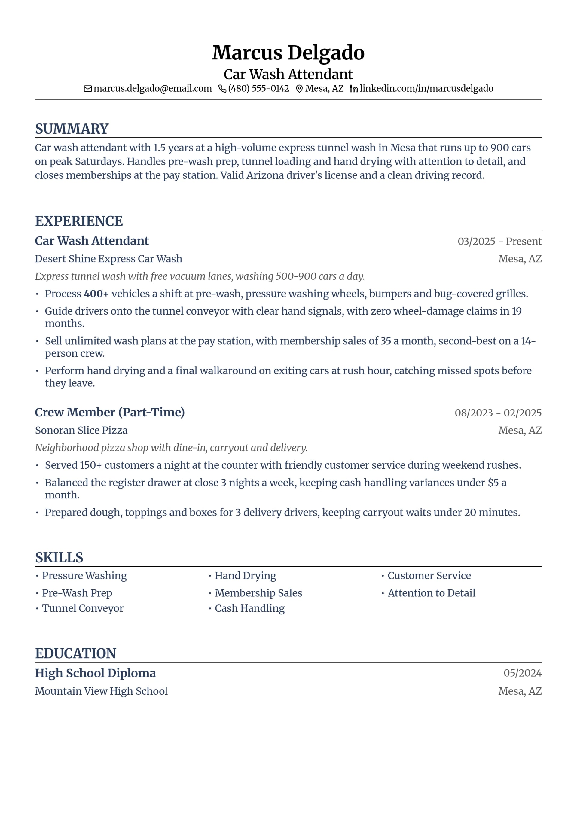 Car Wash Attendant resume example