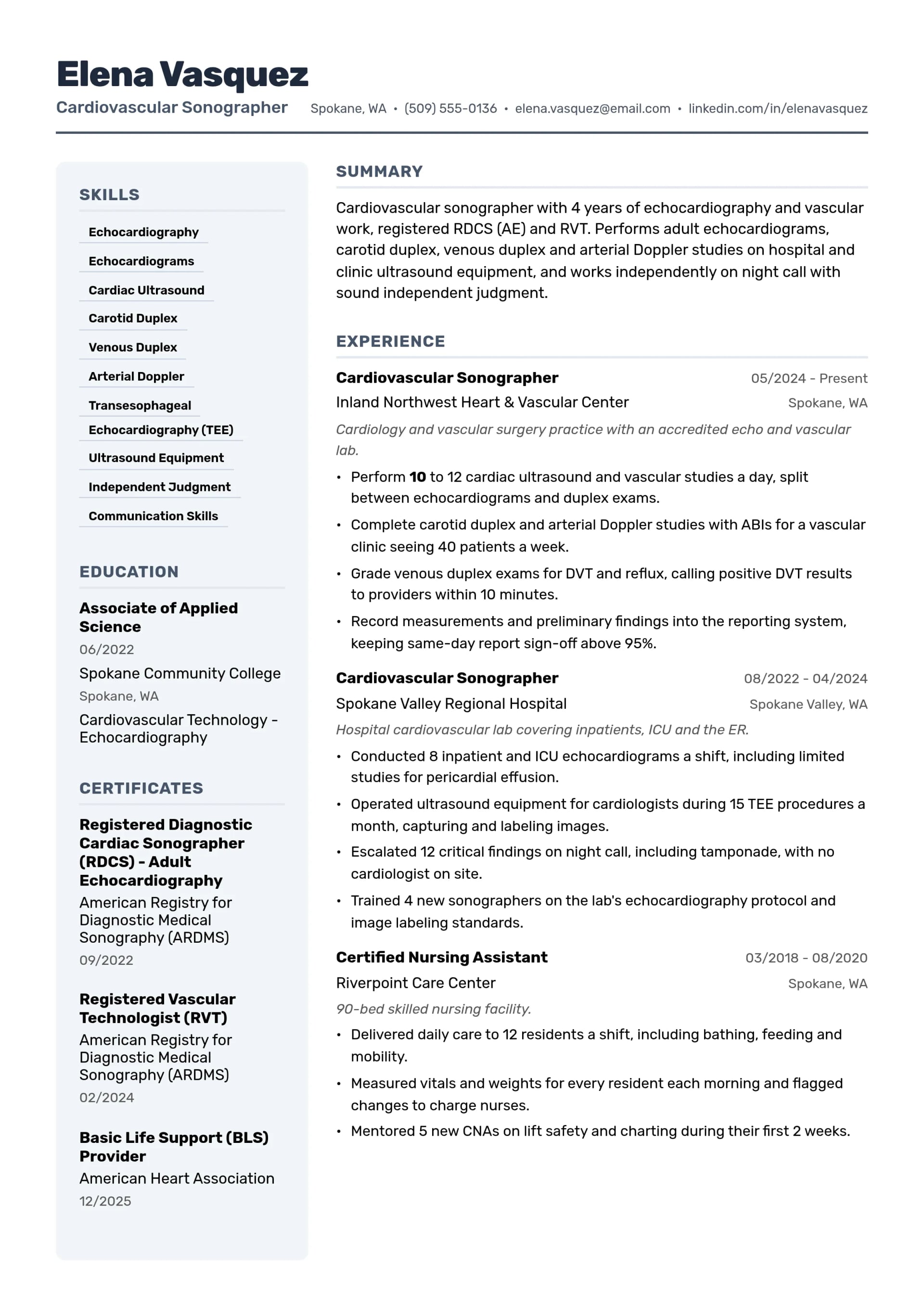 Cardiovascular Sonographer resume example