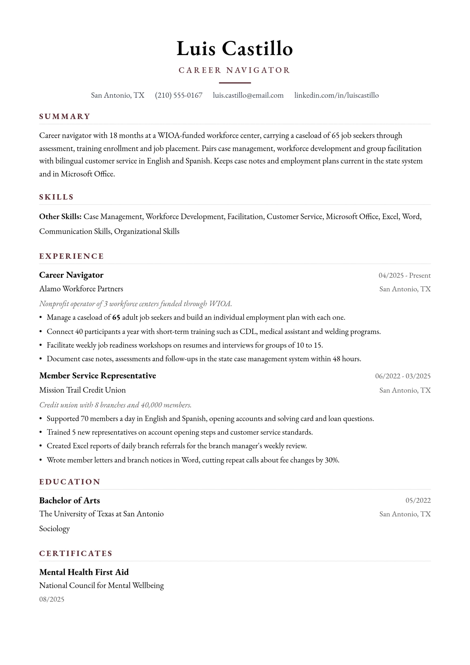 Career Navigator resume example