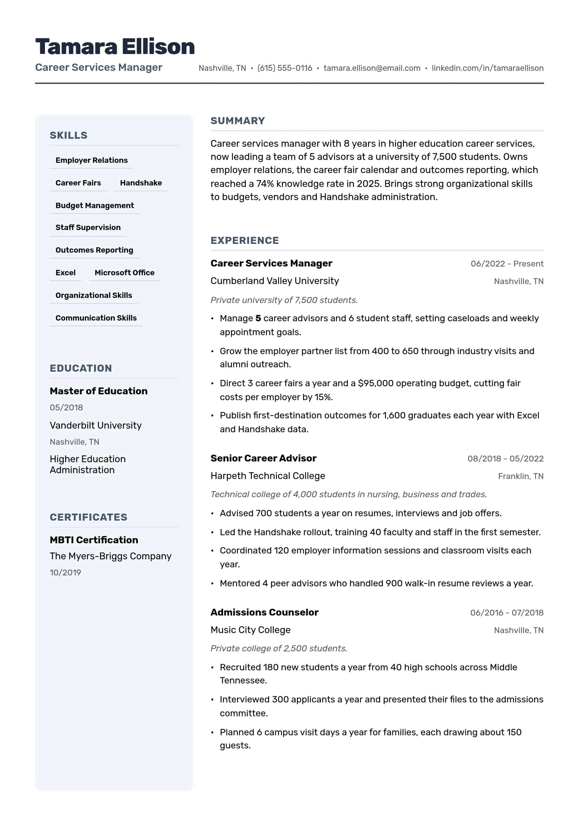 Career Services Manager resume example
