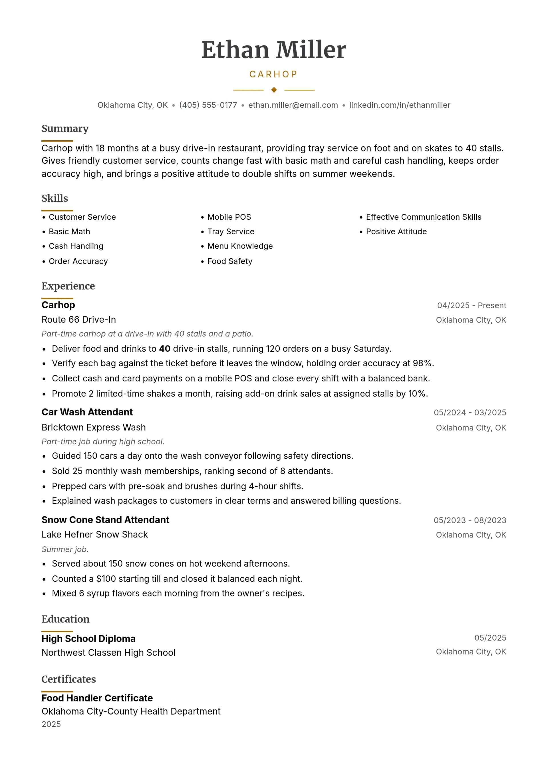 Carhop resume example