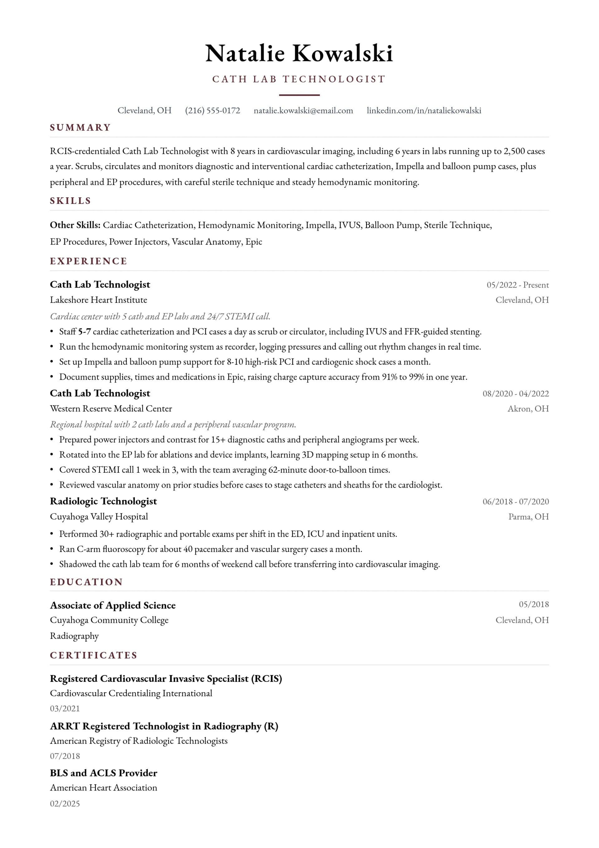 Cath Lab Technologist resume example