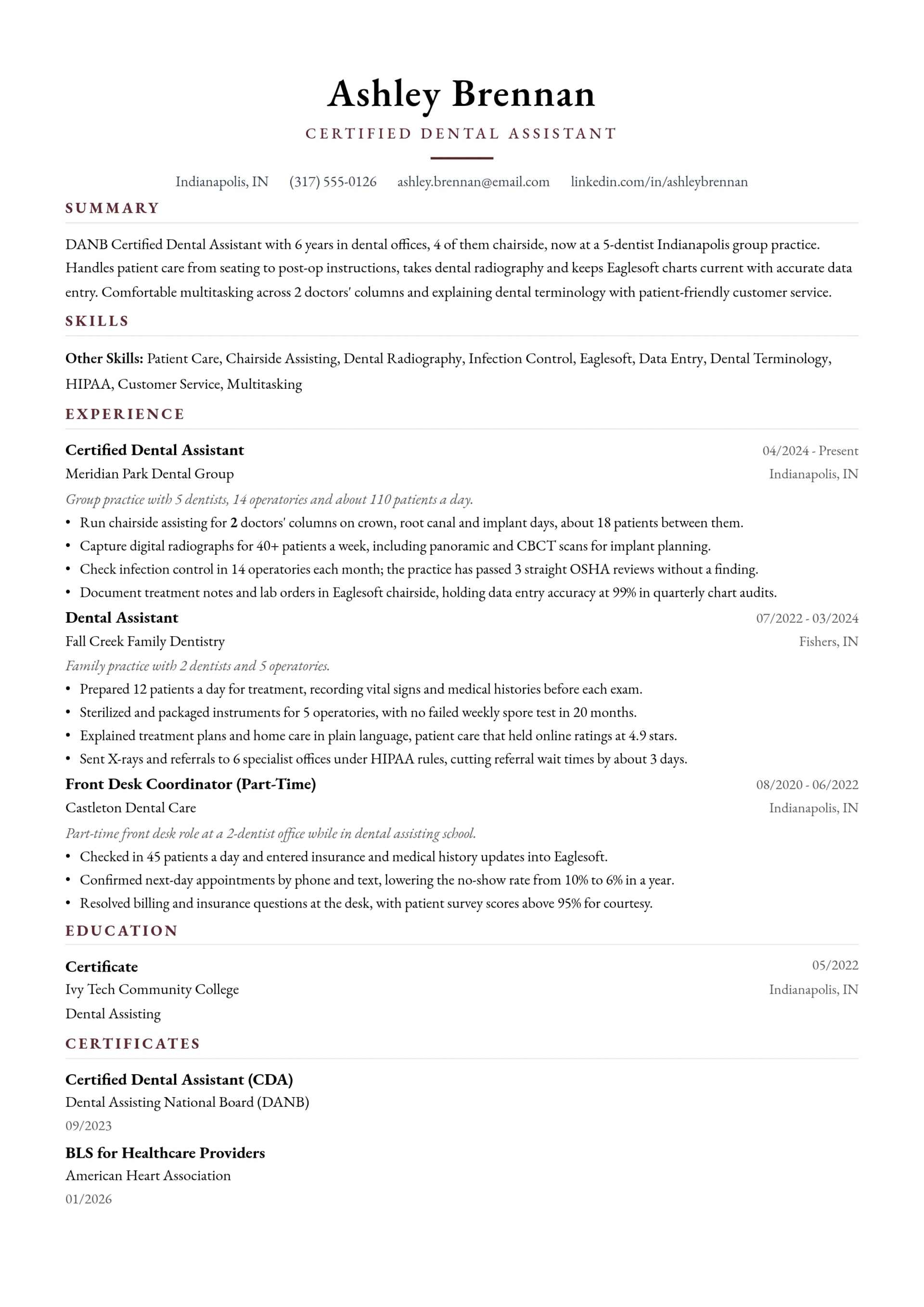 Certified Dental Assistant resume example
