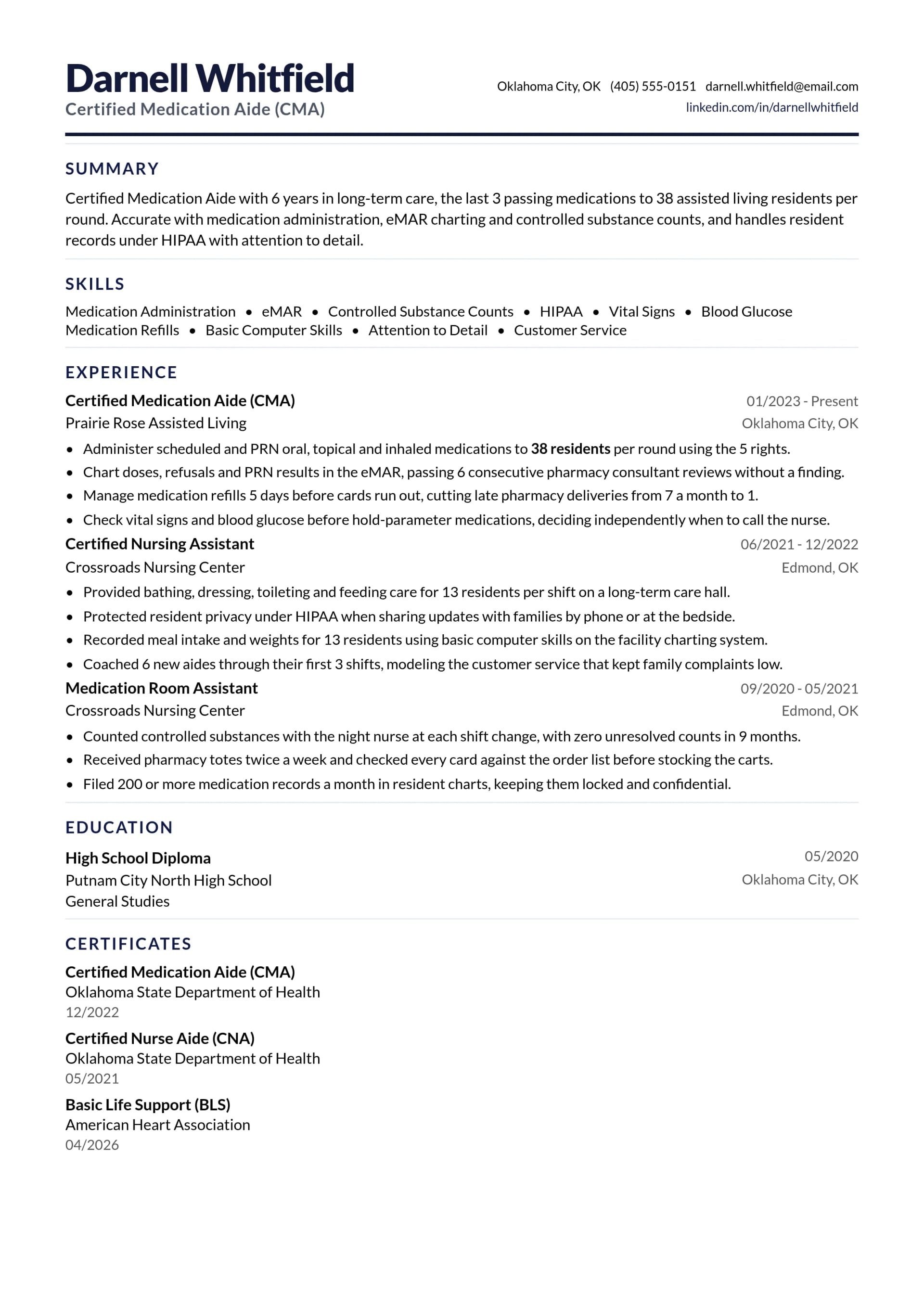 Certified Medication Aide (CMA) resume example