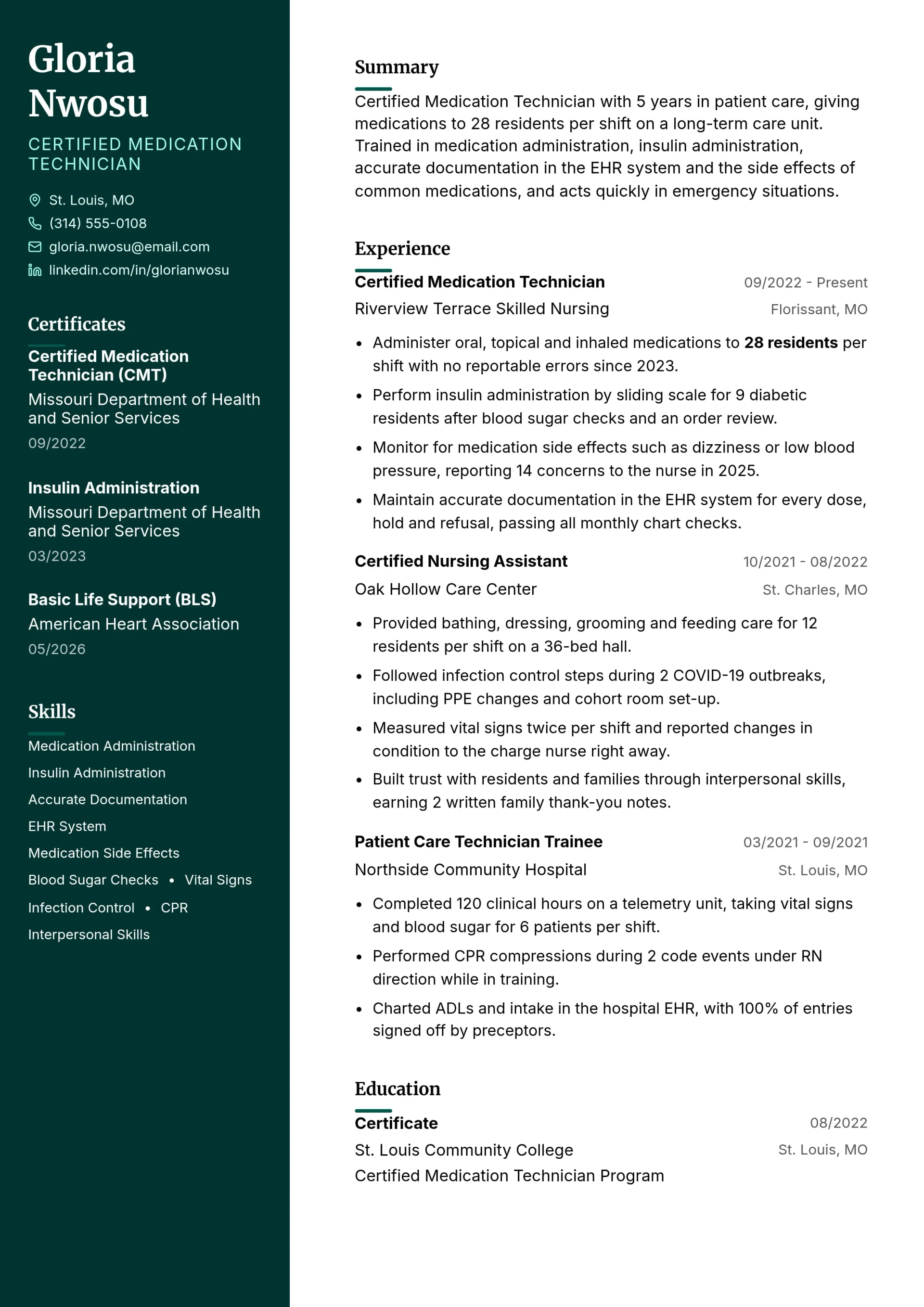 Certified Medication Technician resume example