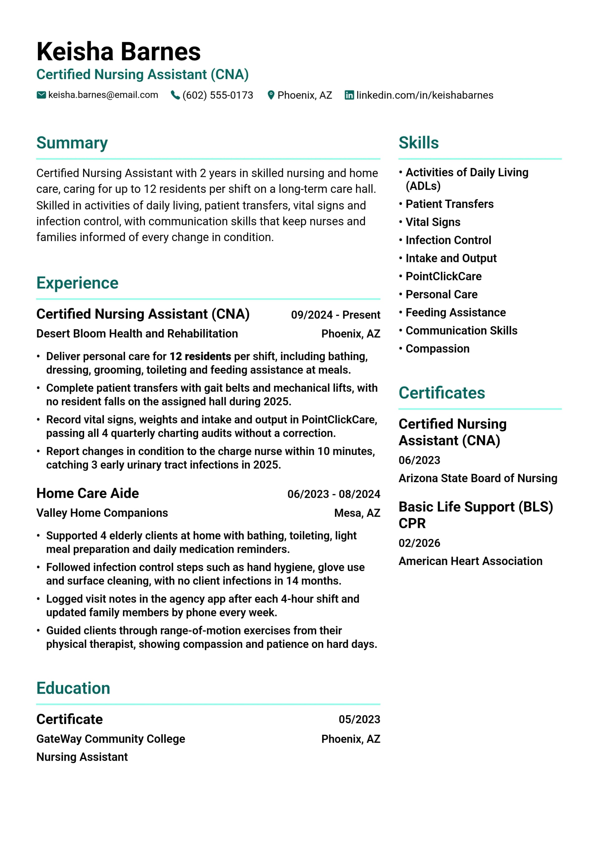 Certified Nursing Assistant (CNA) resume example