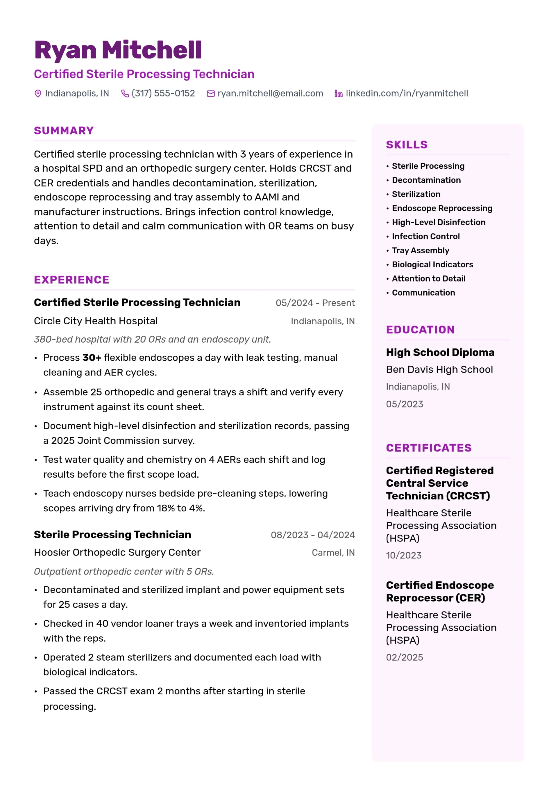 Certified Sterile Processing Technician resume example