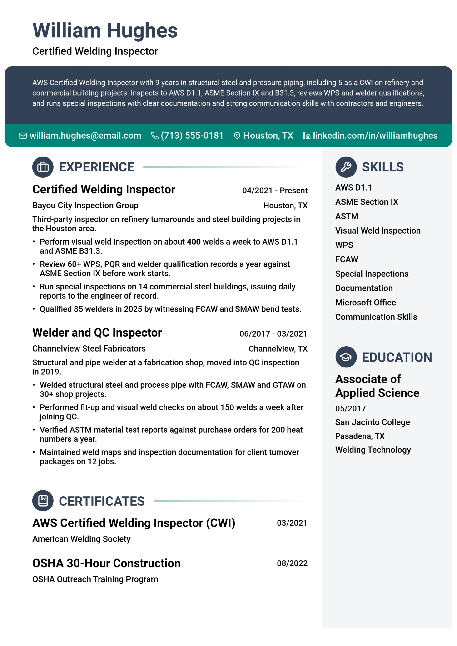 Certified Welding Inspector resume example